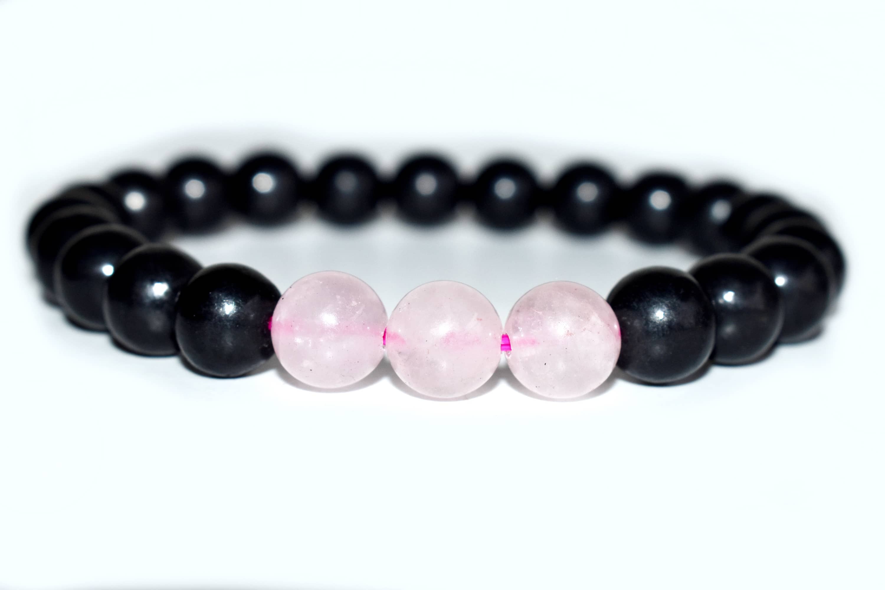 Emf Protection Bracelet Crystal Beaded Bracelet - Natural Gemstones, 8mm Beads, 7-7.5 Inches Long, Shungite Black & Rose Quartz | Round Shape, Weighs 32 Grams