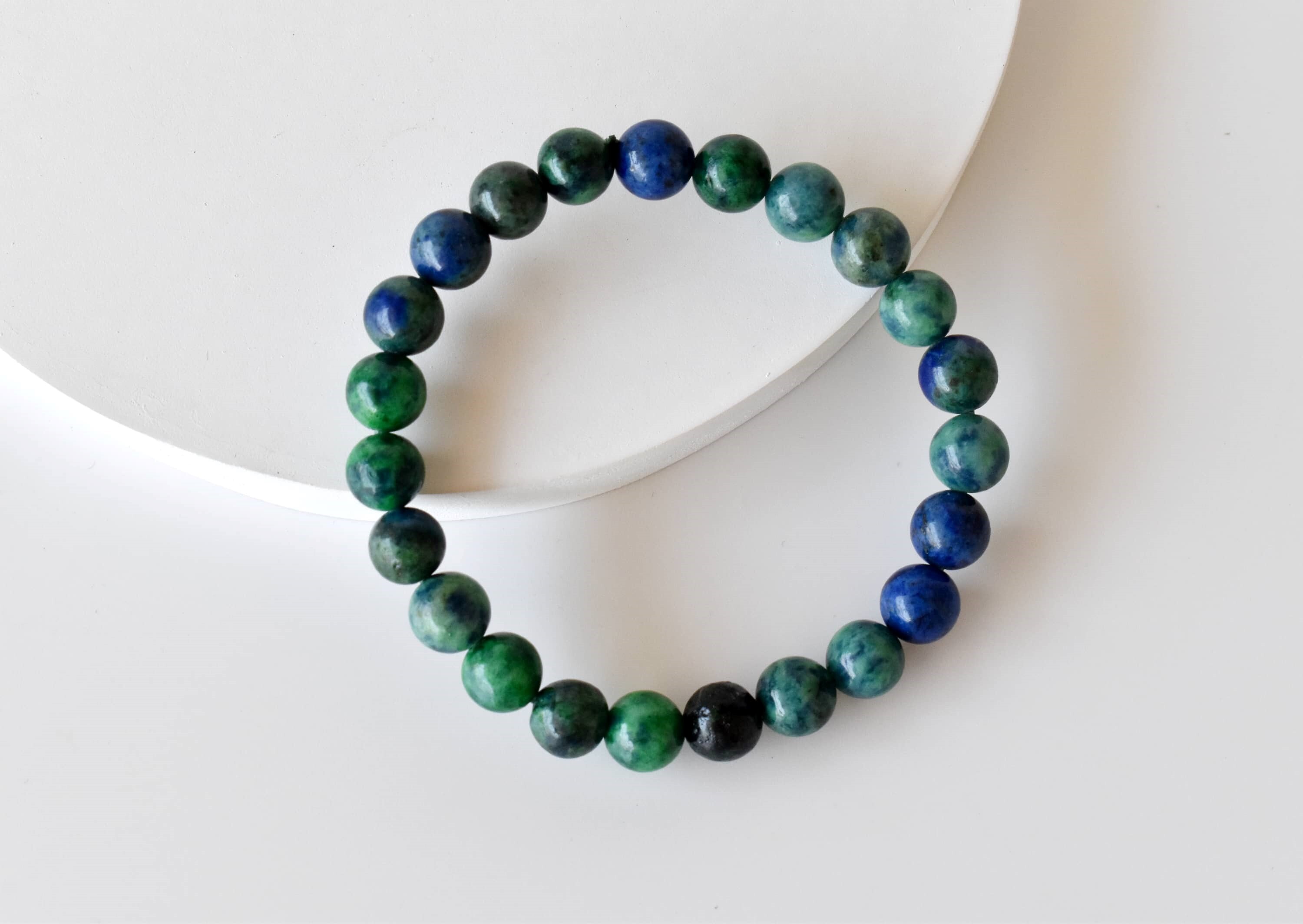 Azurite Malachite Bracelet Crystal Beaded Bracelet - Natural Gemstones 7-7.5 Inches Length 4mm-10mm Round Beads 22g Weight Plain Design Green Color