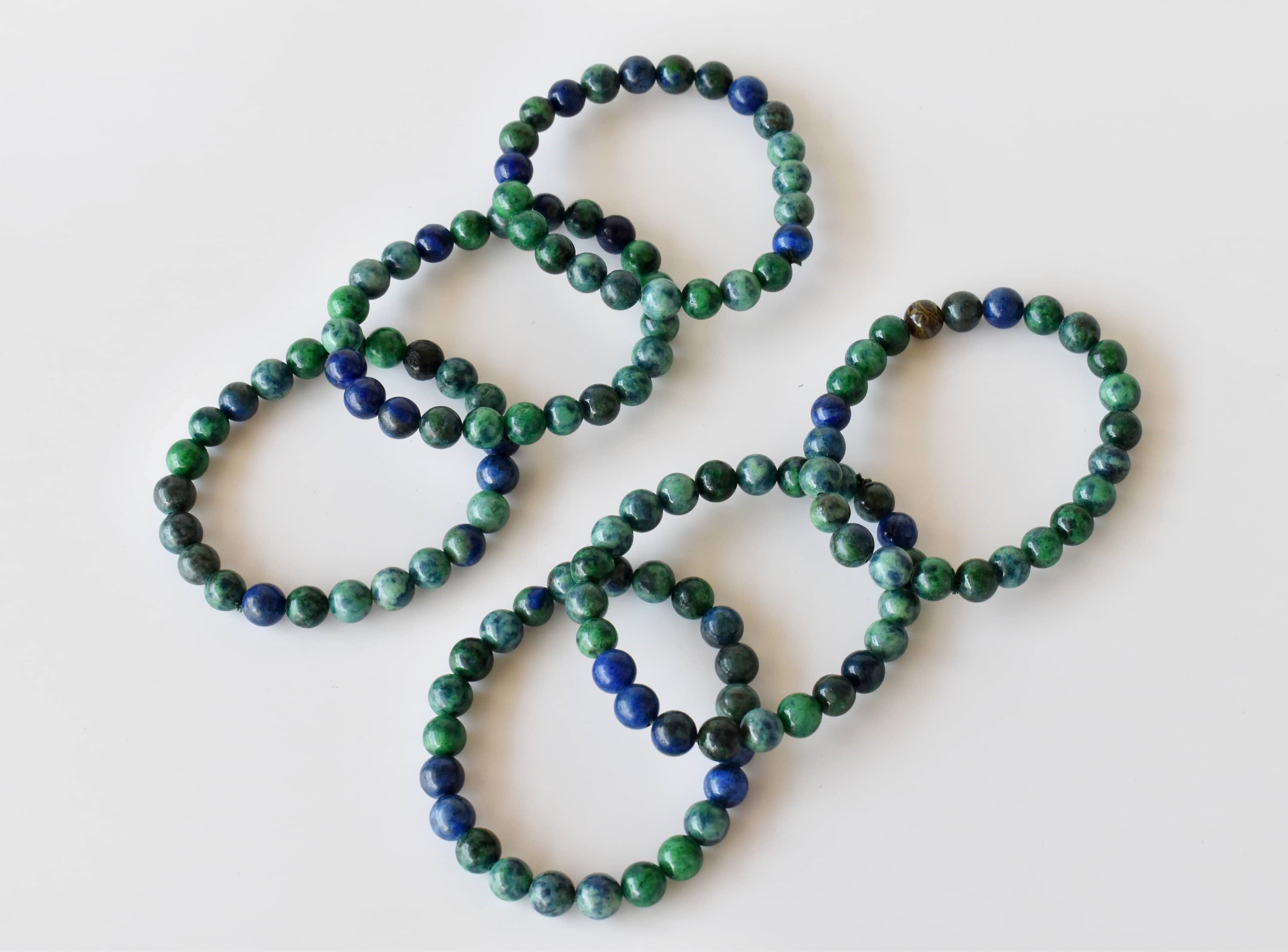 Azurite Malachite Bracelet Crystal Beaded Bracelet - Natural Gemstones 7-7.5 Inches Length 4mm-10mm Round Beads 22g Weight Plain Design Green Color