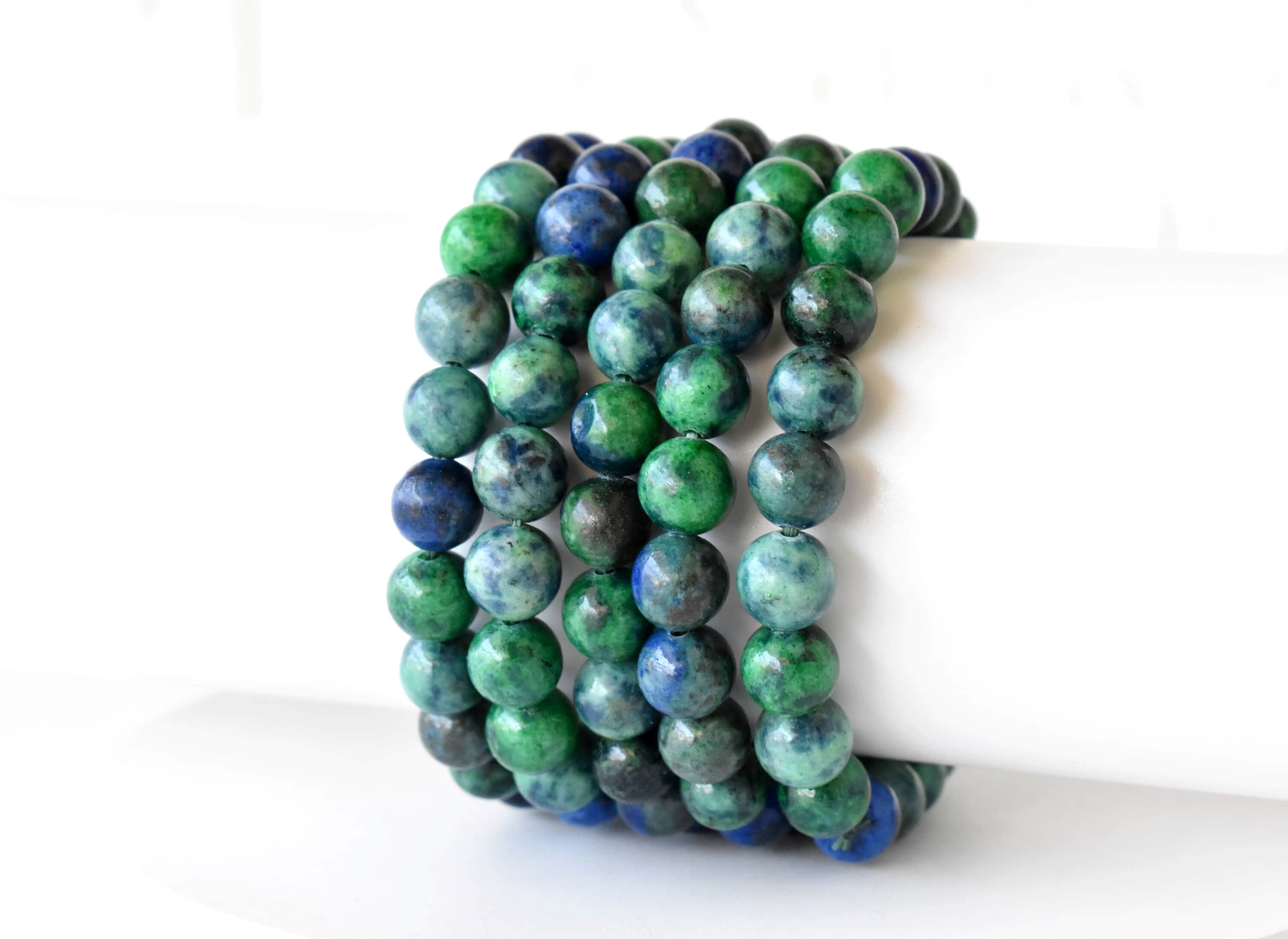 Azurite Malachite Bracelet Crystal Beaded Bracelet - Natural Gemstones 7-7.5 Inches Length 4mm-10mm Round Beads 22g Weight Plain Design Green Color