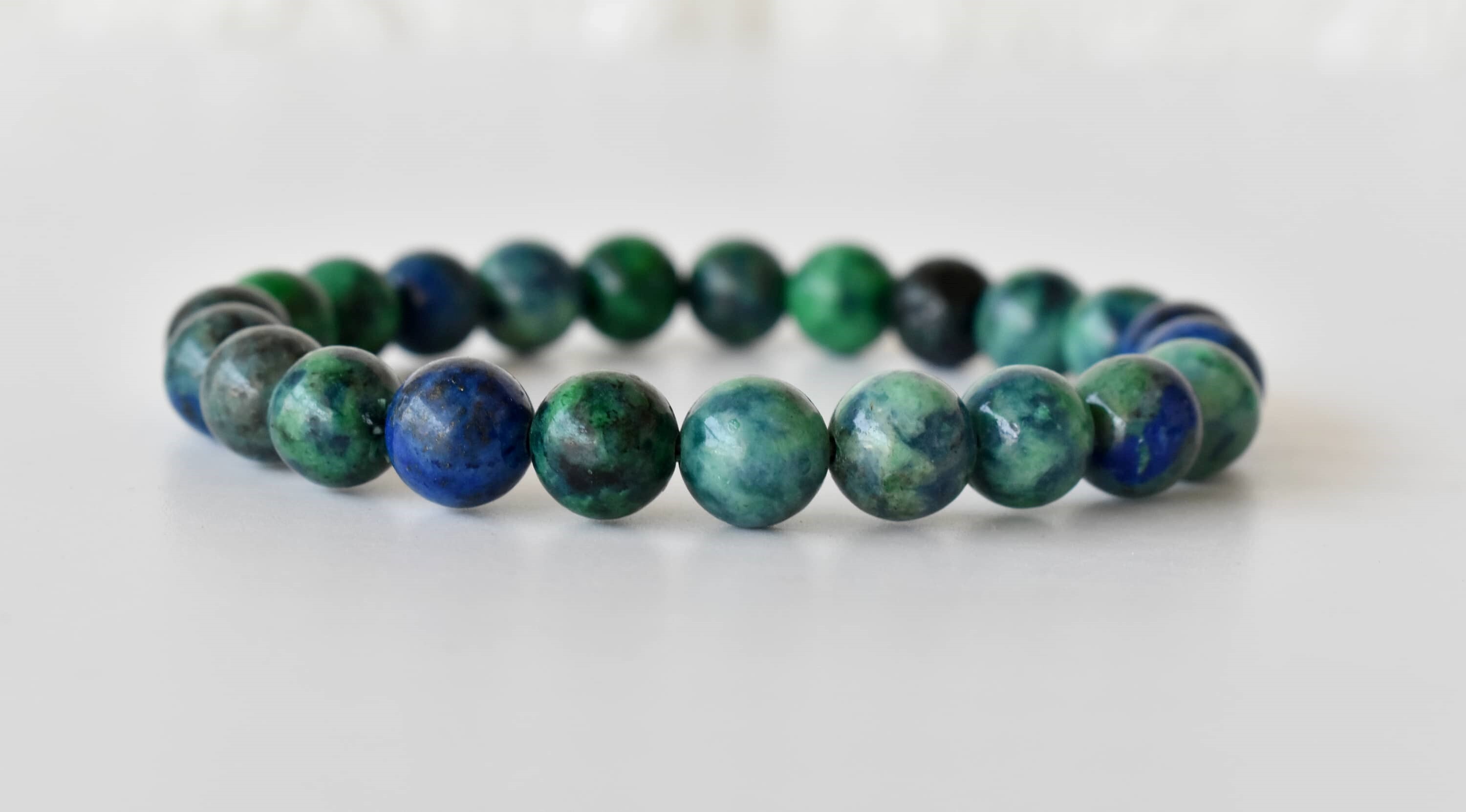 Azurite Malachite Bracelet Crystal Beaded Bracelet - Natural Gemstones 7-7.5 Inches Length 4mm-10mm Round Beads 22g Weight Plain Design Green Color