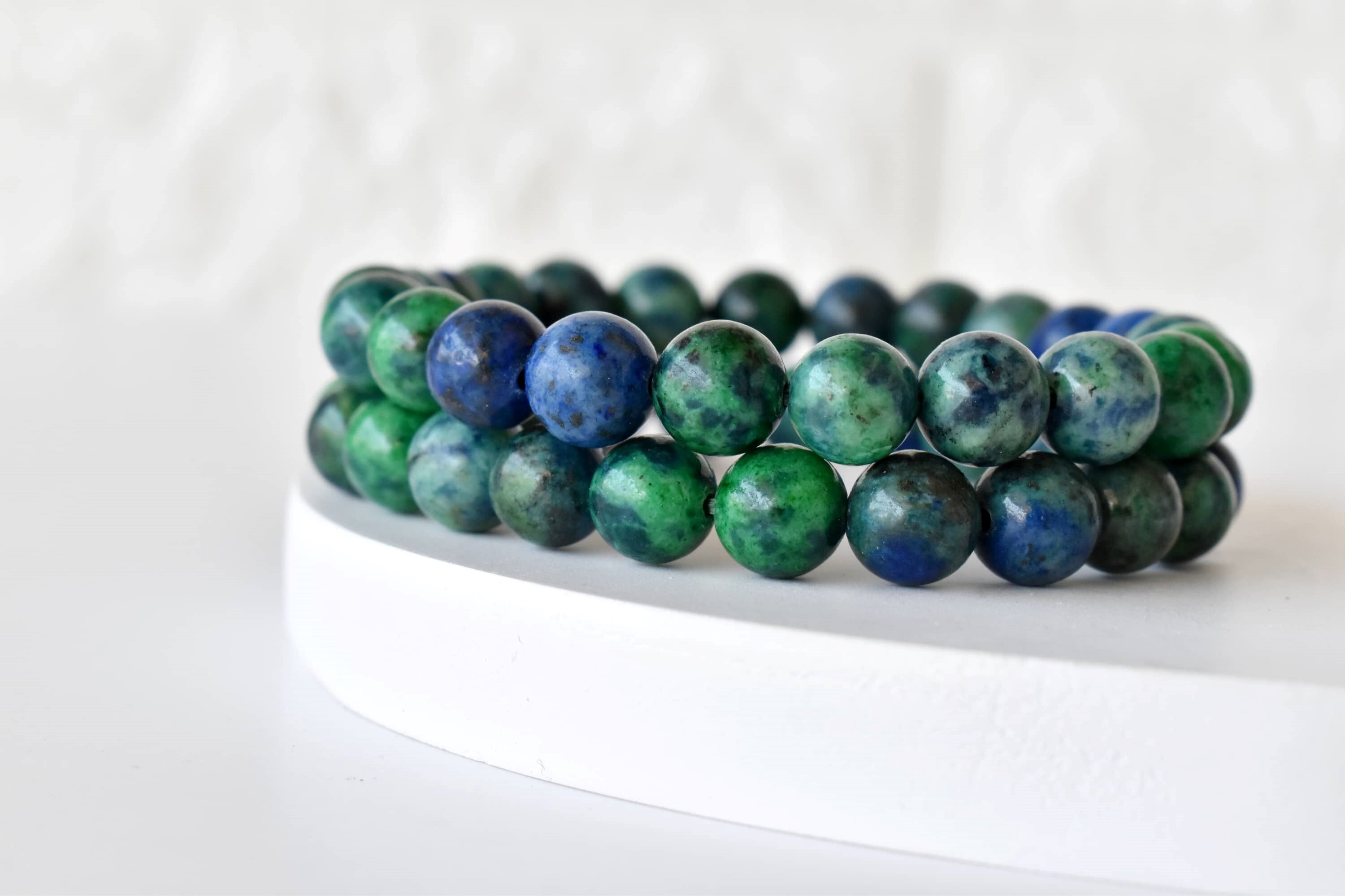 Azurite Malachite Bracelet Crystal Beaded Bracelet - Natural Gemstones 7-7.5 Inches Length 4mm-10mm Round Beads 22g Weight Plain Design Green Color