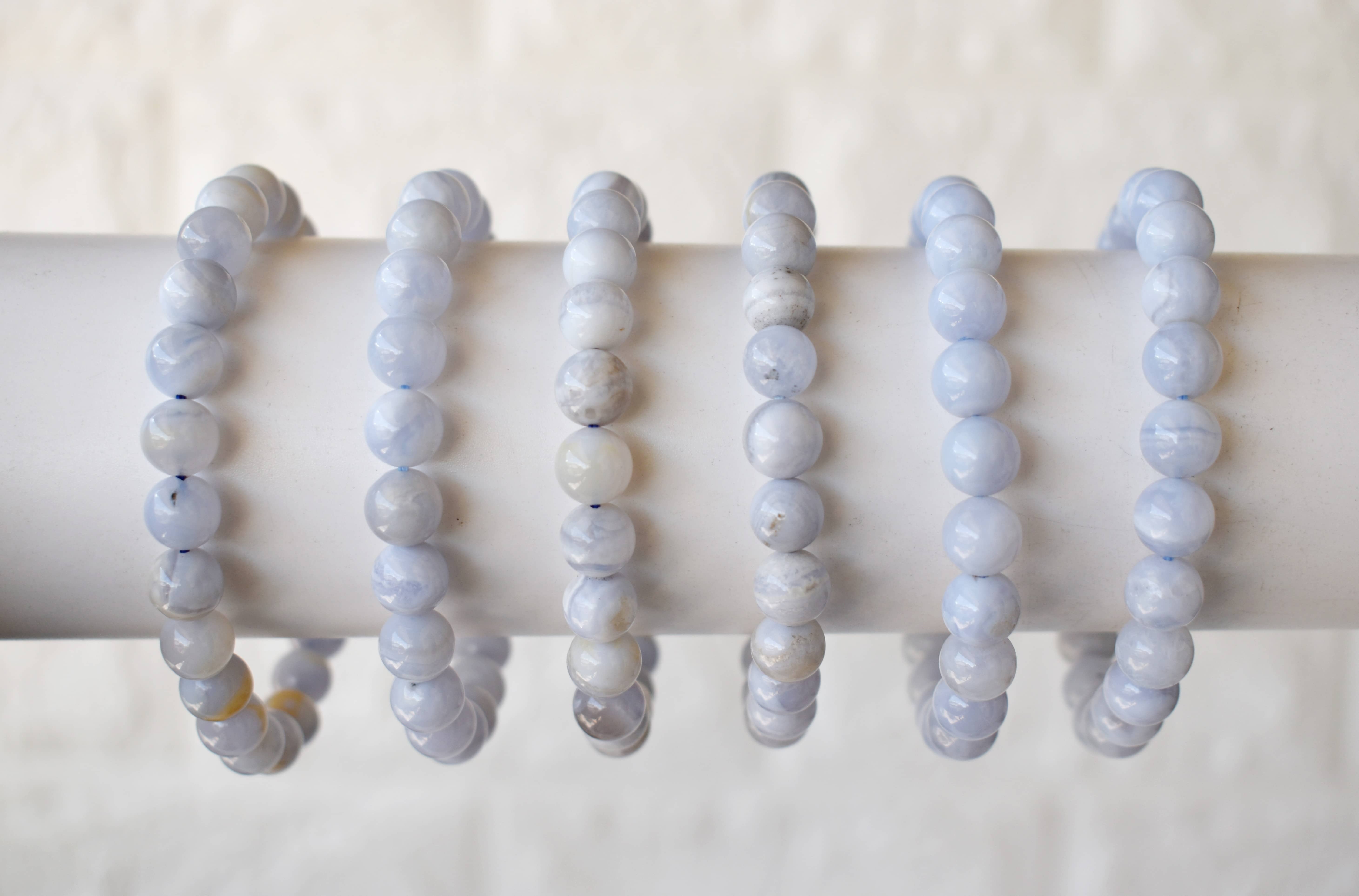 Blue Lace Agate Bracelet - 7-7.5 Inch Length 6mm-10mm Natural Gemstone Round Shape White Color Light Weight 22 Grams