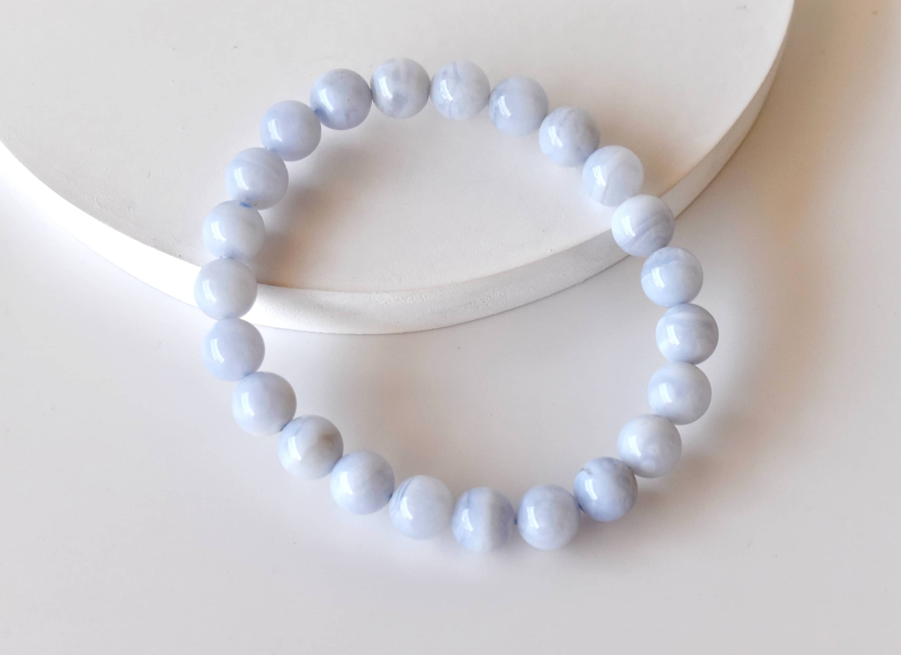 Blue Lace Agate Bracelet - 7-7.5 Inch Length 6mm-10mm Natural Gemstone Round Shape White Color Light Weight 22 Grams