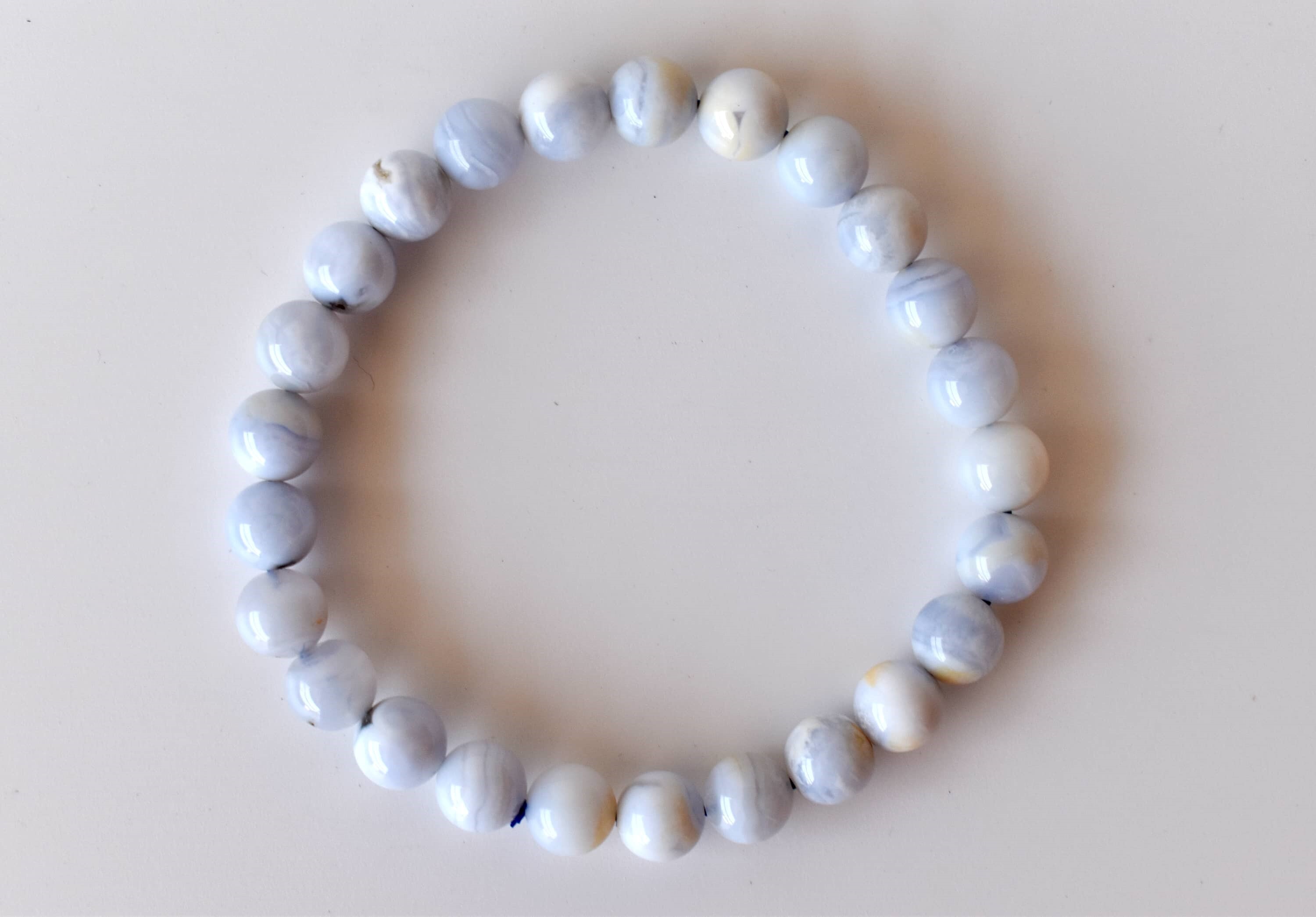 Blue Lace Agate Bracelet - 7-7.5 Inch Length 6mm-10mm Natural Gemstone Round Shape White Color Light Weight 22 Grams
