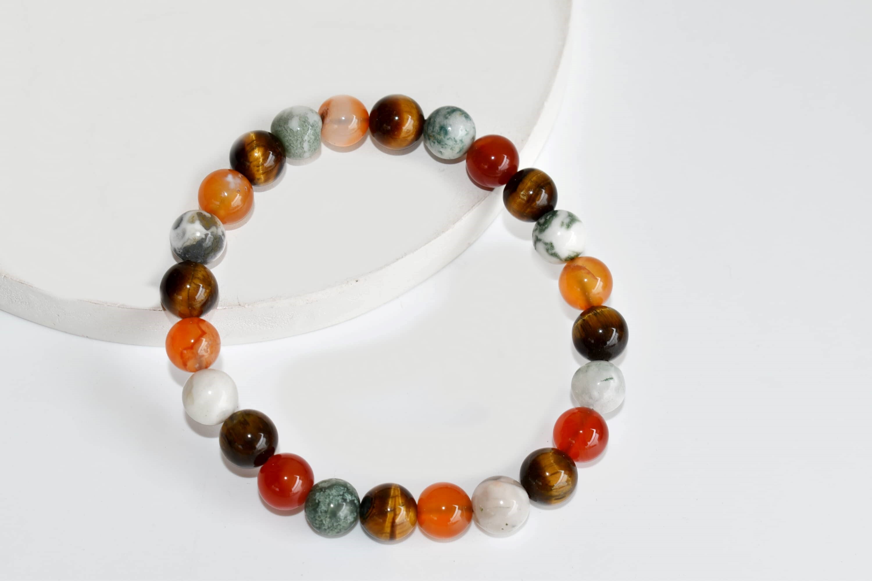 Promote Courage Bracelet - 8mm Round Beaded Bracelet, Handmade Stretch Design With Natural Gemstones: Tiger's Eye, Tree Agate, Carnelian