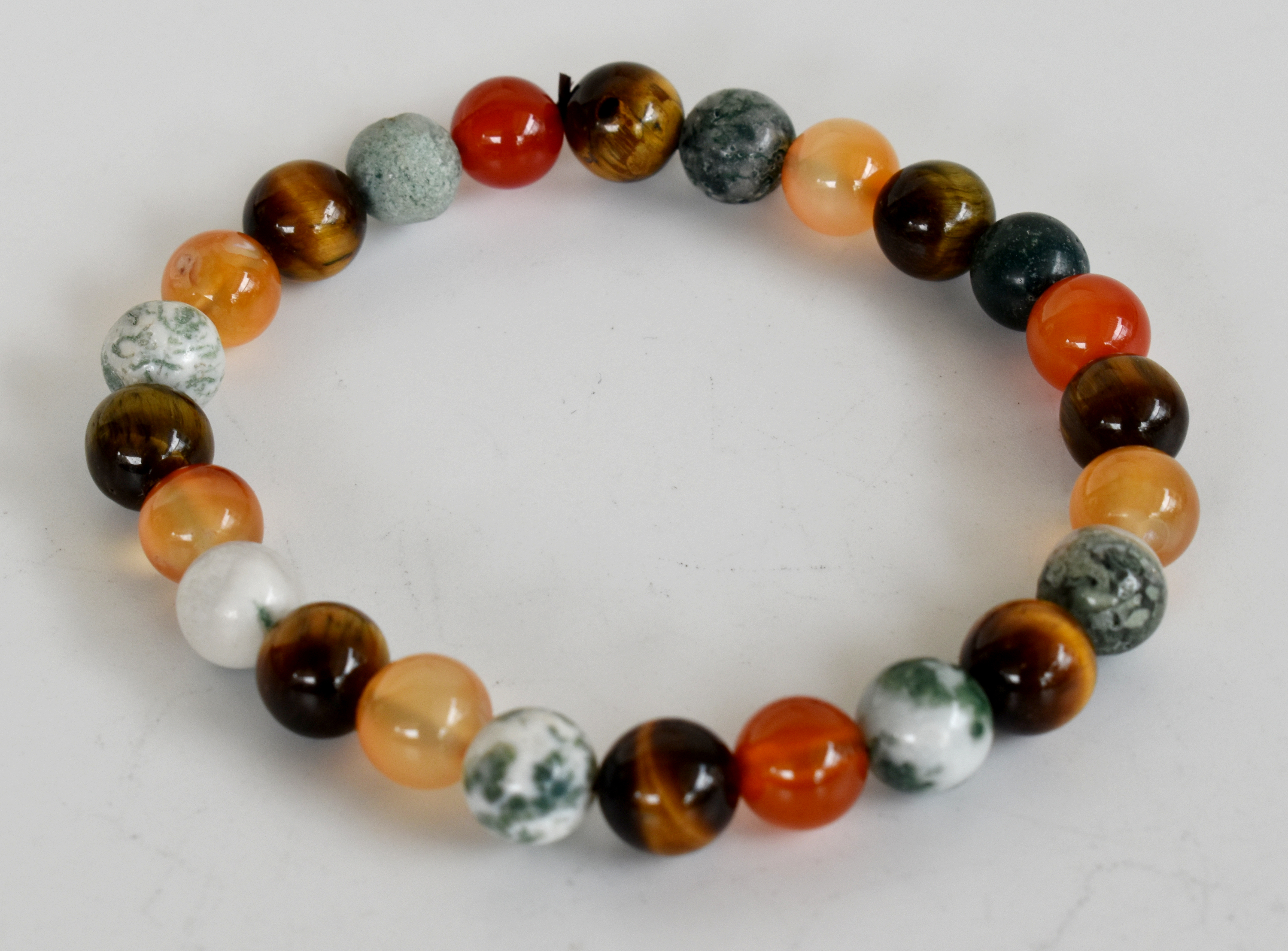 Promote Courage Bracelet - 8mm Round Beaded Bracelet, Handmade Stretch Design With Natural Gemstones: Tiger's Eye, Tree Agate, Carnelian