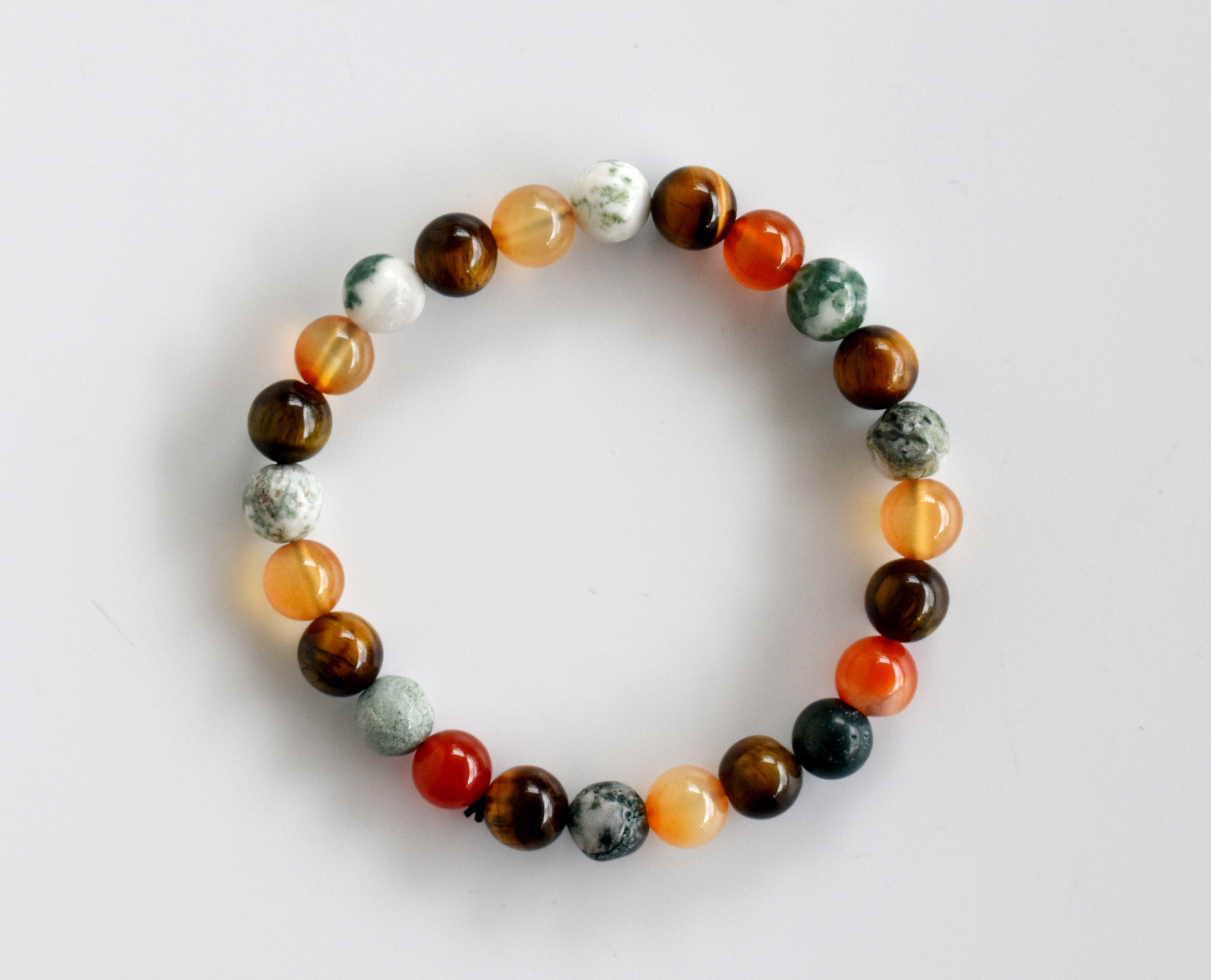 Promote Courage Bracelet - 8mm Round Beaded Bracelet, Handmade Stretch Design With Natural Gemstones: Tiger's Eye, Tree Agate, Carnelian