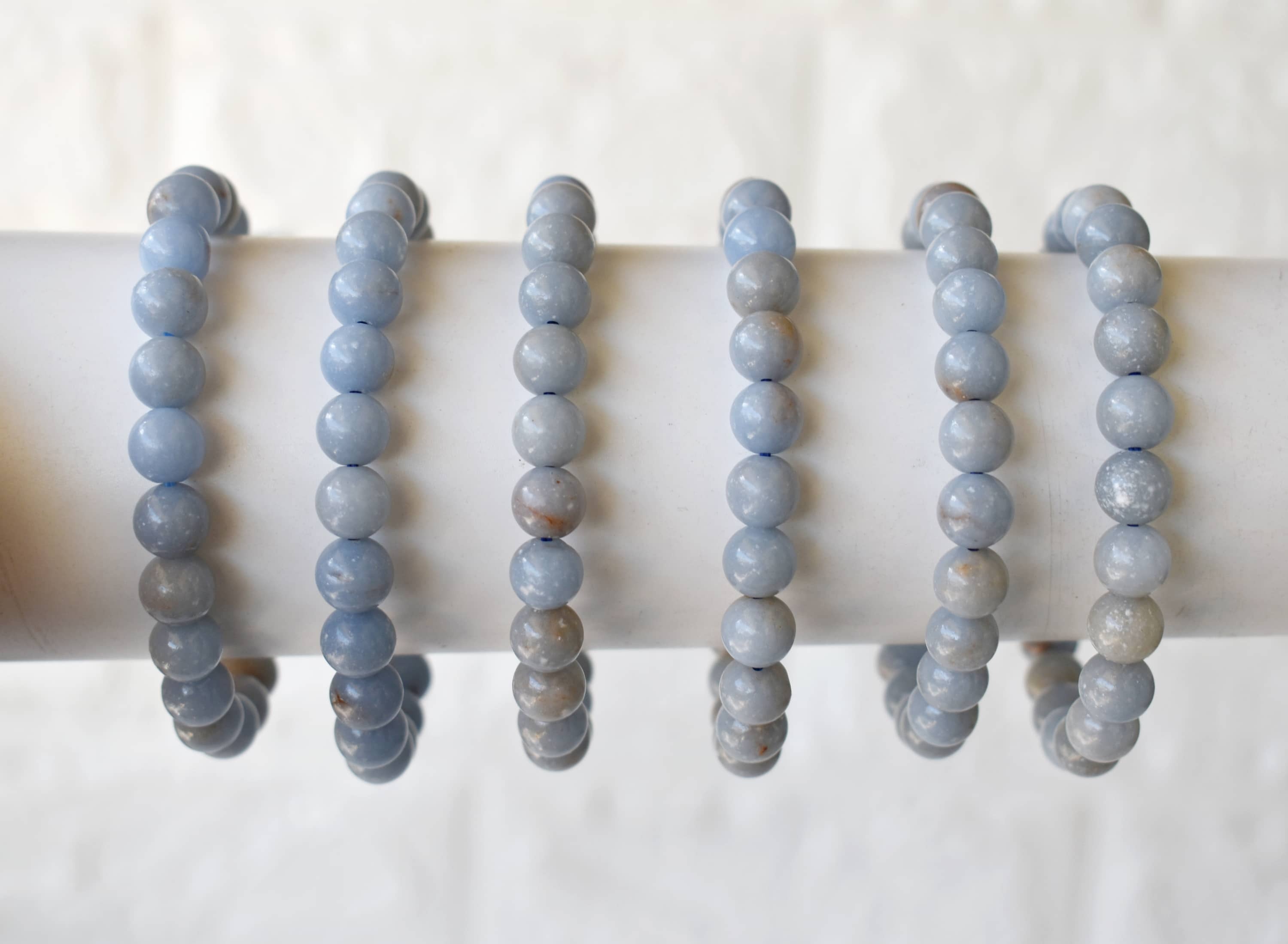 Angelite Bracelet - Natural Gemstones 8mm Grey Round Beads 7-7.5 Inches Long Lightweight 18 Grams