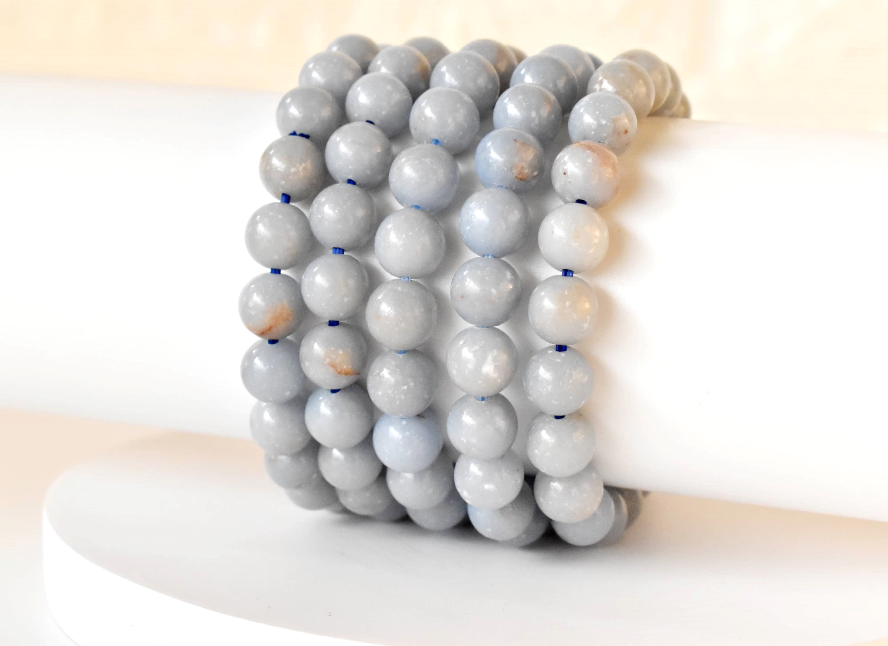 Angelite Bracelet - Natural Gemstones 8mm Grey Round Beads 7-7.5 Inches Long Lightweight 18 Grams