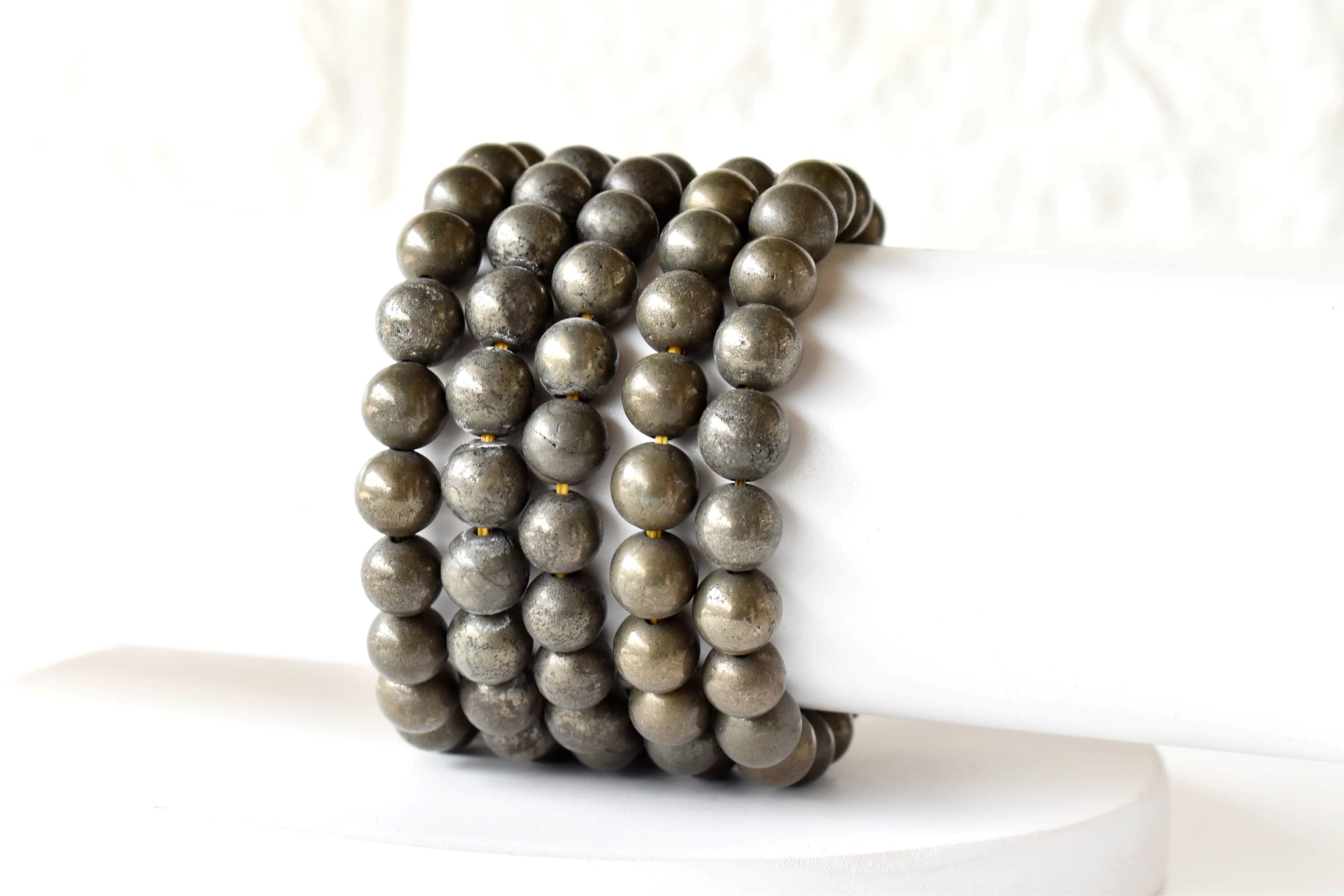 Pyrite Crystal Bracelet - 4mm, 6mm, 8mm, 10mm Natural Gemstone Bead Sizes | Grey Round Beaded Bracelet, 7-7.5 Inches Length, Weight: 22 Lb
