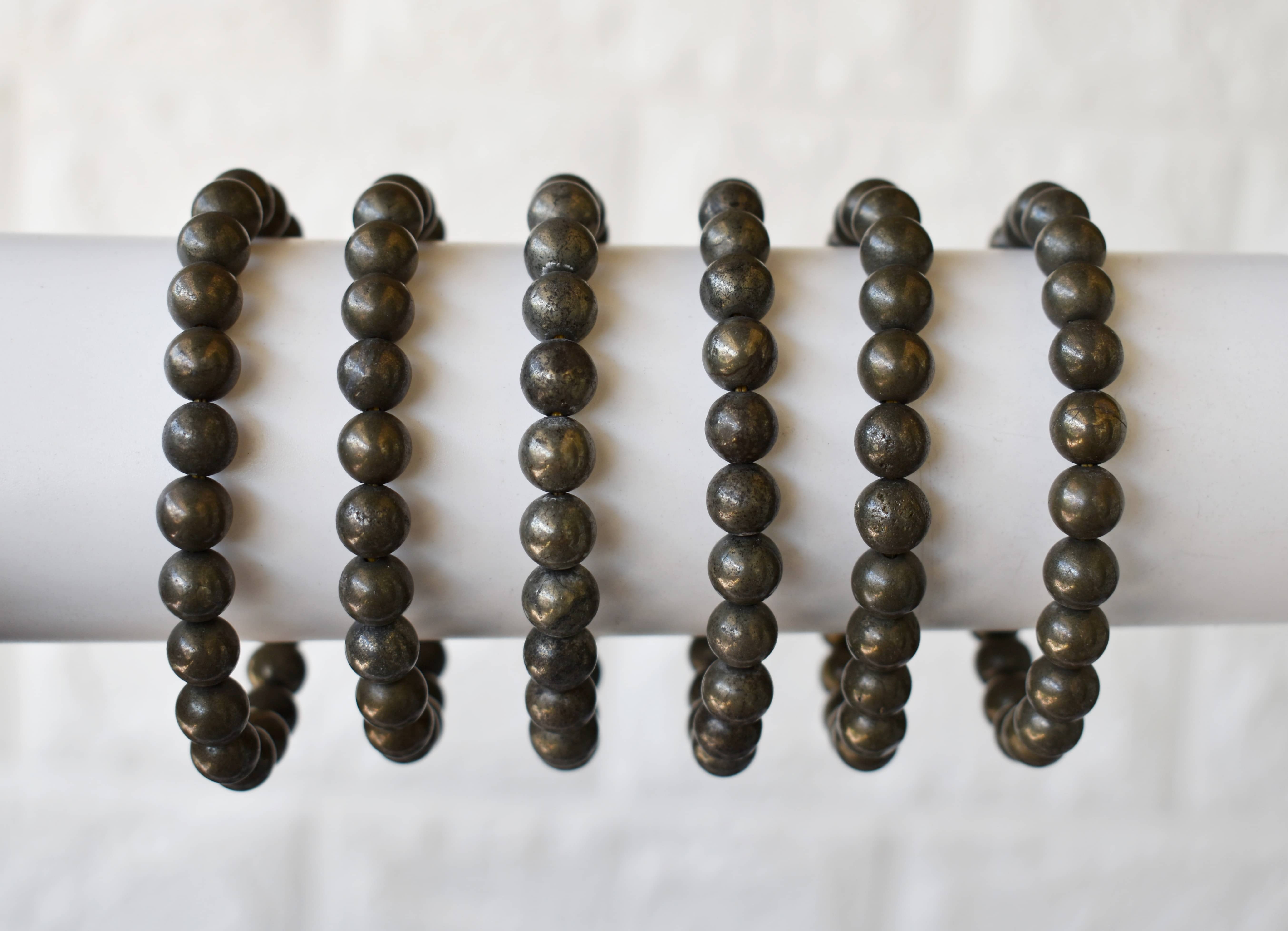 Pyrite Crystal Bracelet - 4mm, 6mm, 8mm, 10mm Natural Gemstone Bead Sizes | Grey Round Beaded Bracelet, 7-7.5 Inches Length, Weight: 22 Lb