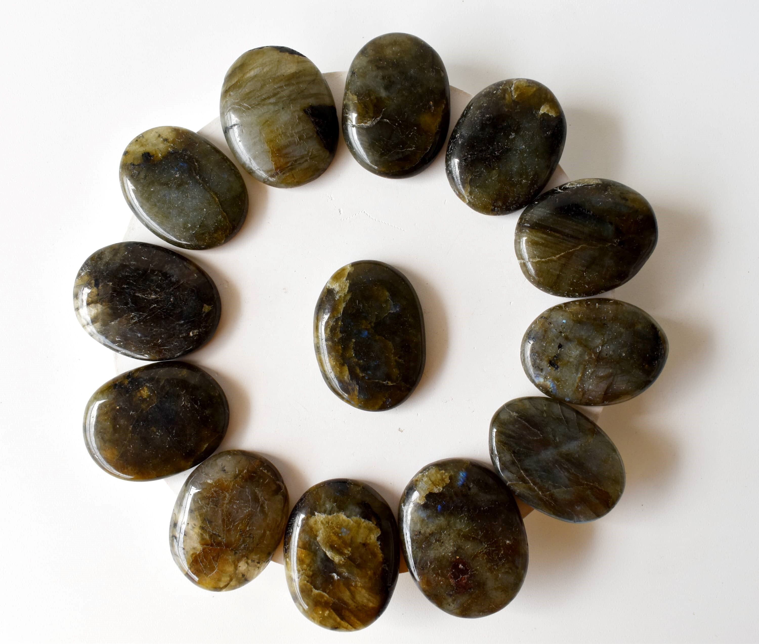 Labradorite Flat Stone, Polished Oval Flat Stone - Size: 1.5 Inches, Color: Grey | High-quality Natural Crystal, Smooth Flat Surface