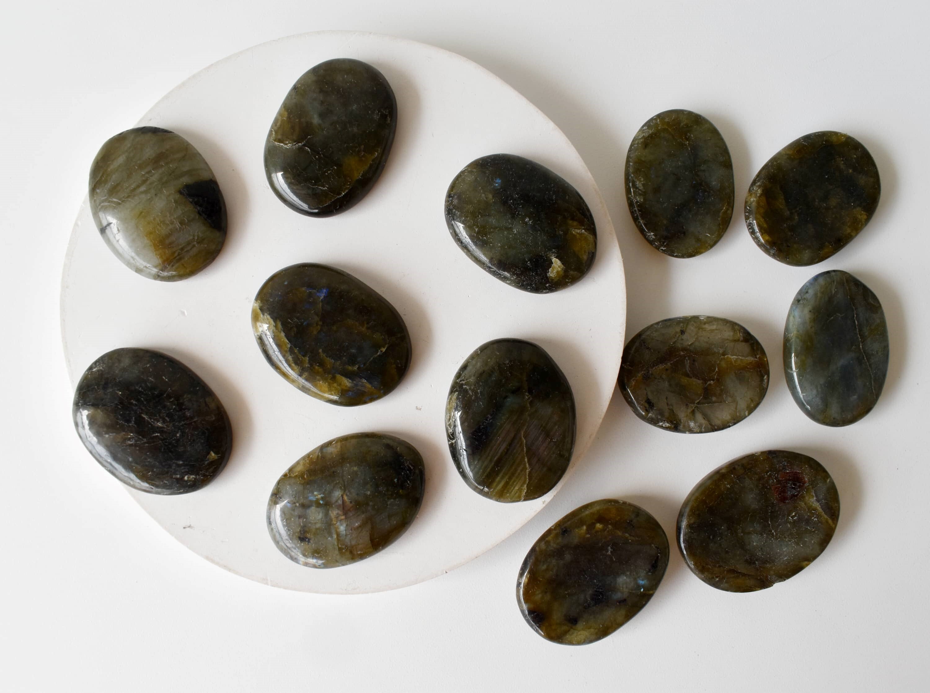 Labradorite Flat Stone, Polished Oval Flat Stone - Size: 1.5 Inches, Color: Grey | High-quality Natural Crystal, Smooth Flat Surface