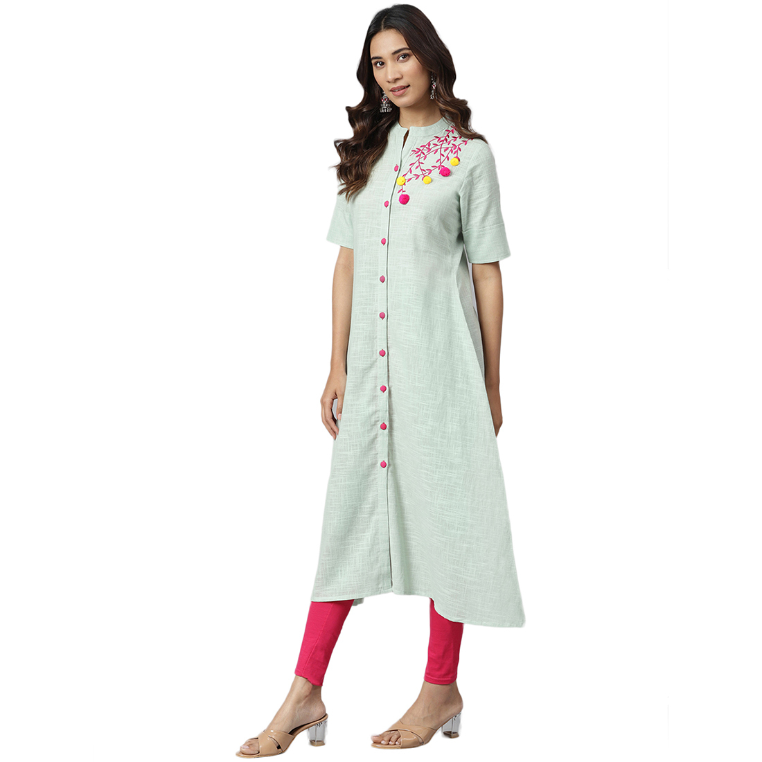 Ladies Anarkali Kurti - Cotton, Size S To Xxl, Elegant Green Color | Casual, Formal, Daily Wear, Quick Dry, Embroidered Design, 3-4th Sleeve
