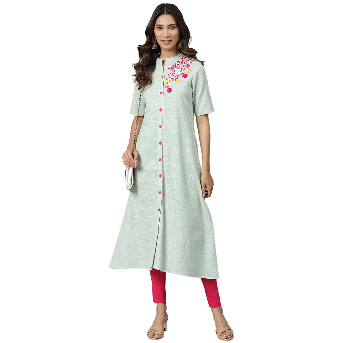 Ladies Anarkali Kurti - Cotton, Size S To Xxl, Elegant Green Color | Casual, Formal, Daily Wear, Quick Dry, Embroidered Design, 3-4th Sleeve