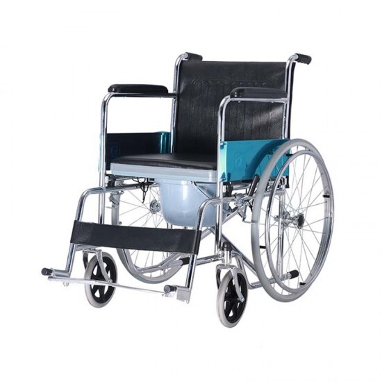 Karma Rainbow 7 Commode Wheelchair - Chrome Plated, Foldable, Fixed Footrest & Armrest | Round Commode Pan, Removable Pan With Lid & Handle, Solid Tube Less Tyres