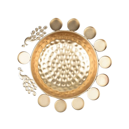 Peacock T-Light Decorative Urli Bowl - Brass, 14 Inches, Gold Finish | Modern Artsy Style with Intricate Rose Flower Designs for Elegant Decor