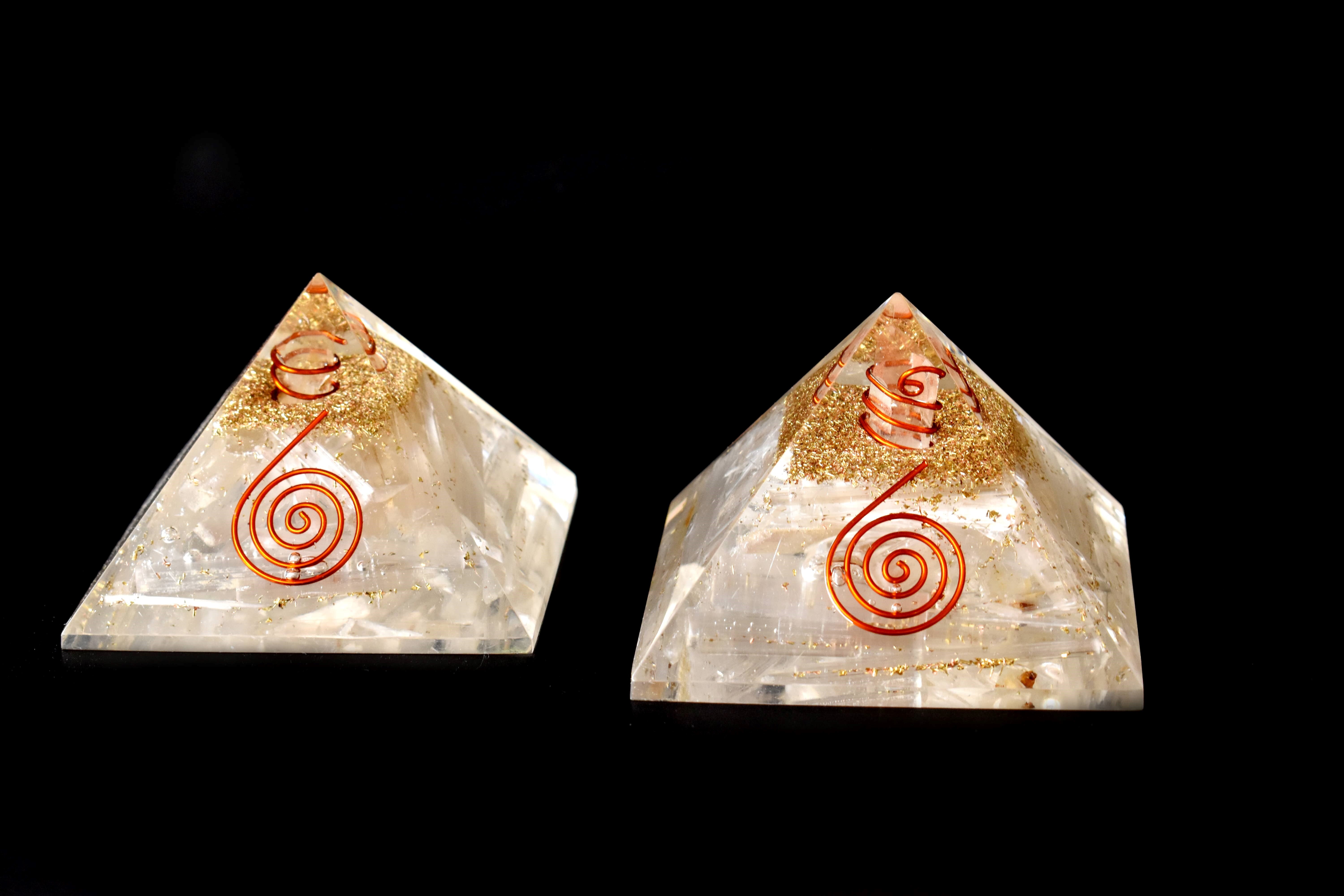 Selenite Orgone Pyramid With Clear Quartz Crystal Pencil - Color: White