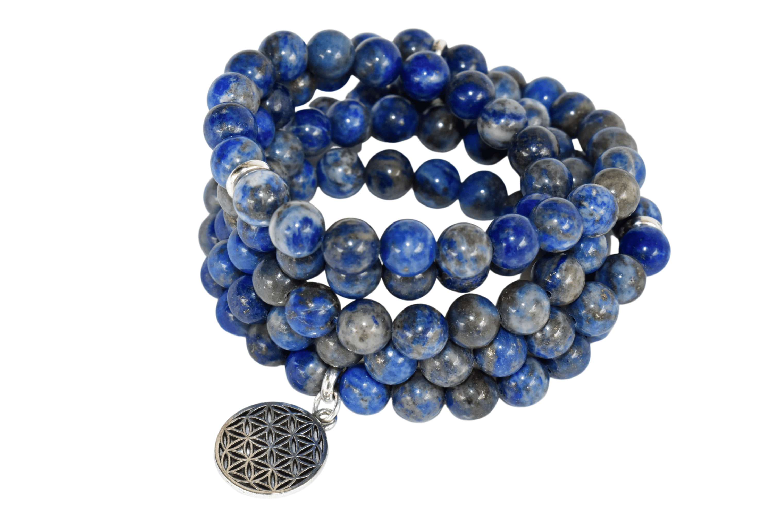 Lapis Lazuli Mala Necklace - 34 Inches , 8mm Beads With Flower Of Life Charm, Polished Blue Finish