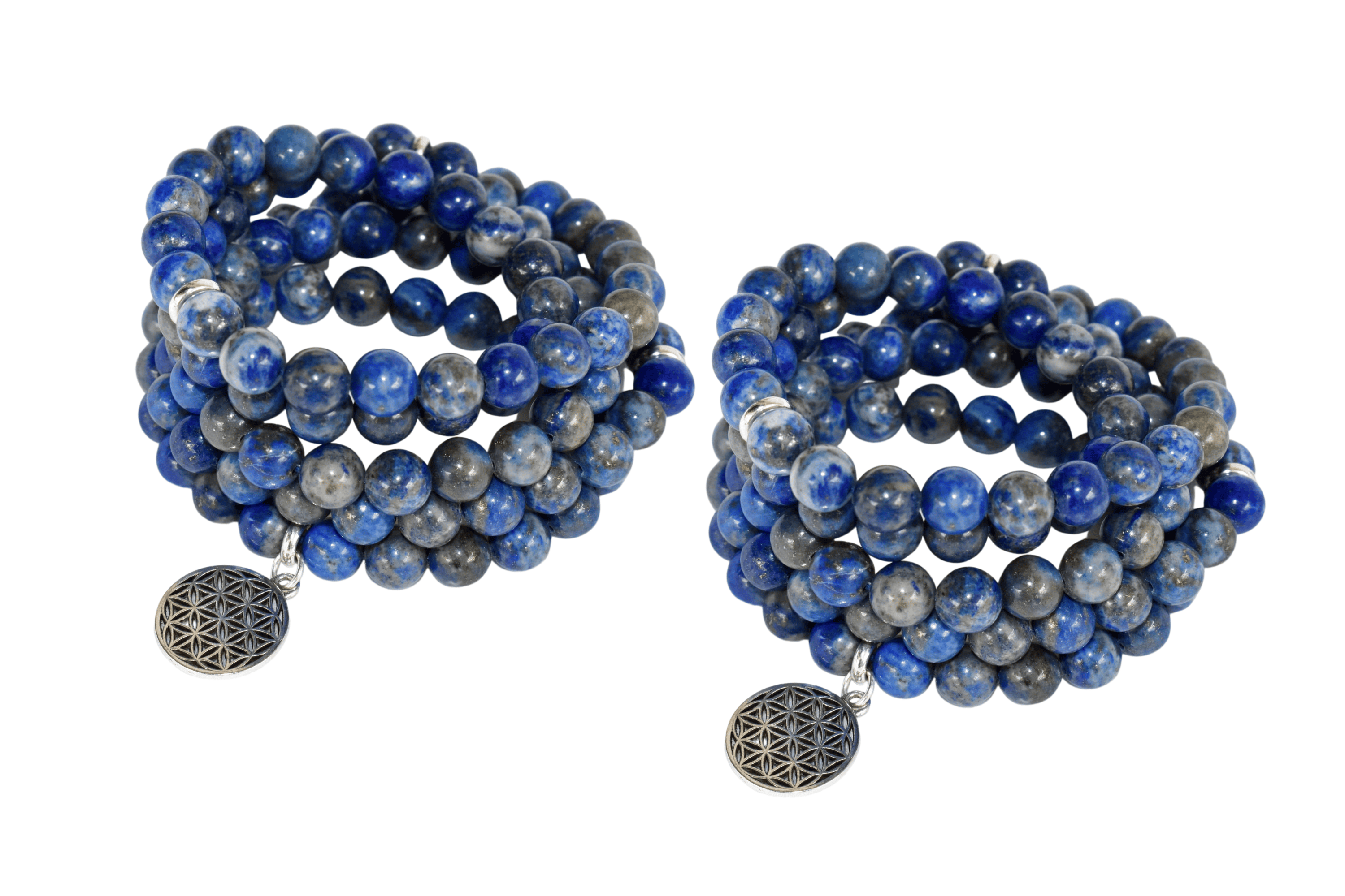 Lapis Lazuli Mala Necklace - 34 Inches , 8mm Beads With Flower Of Life Charm, Polished Blue Finish