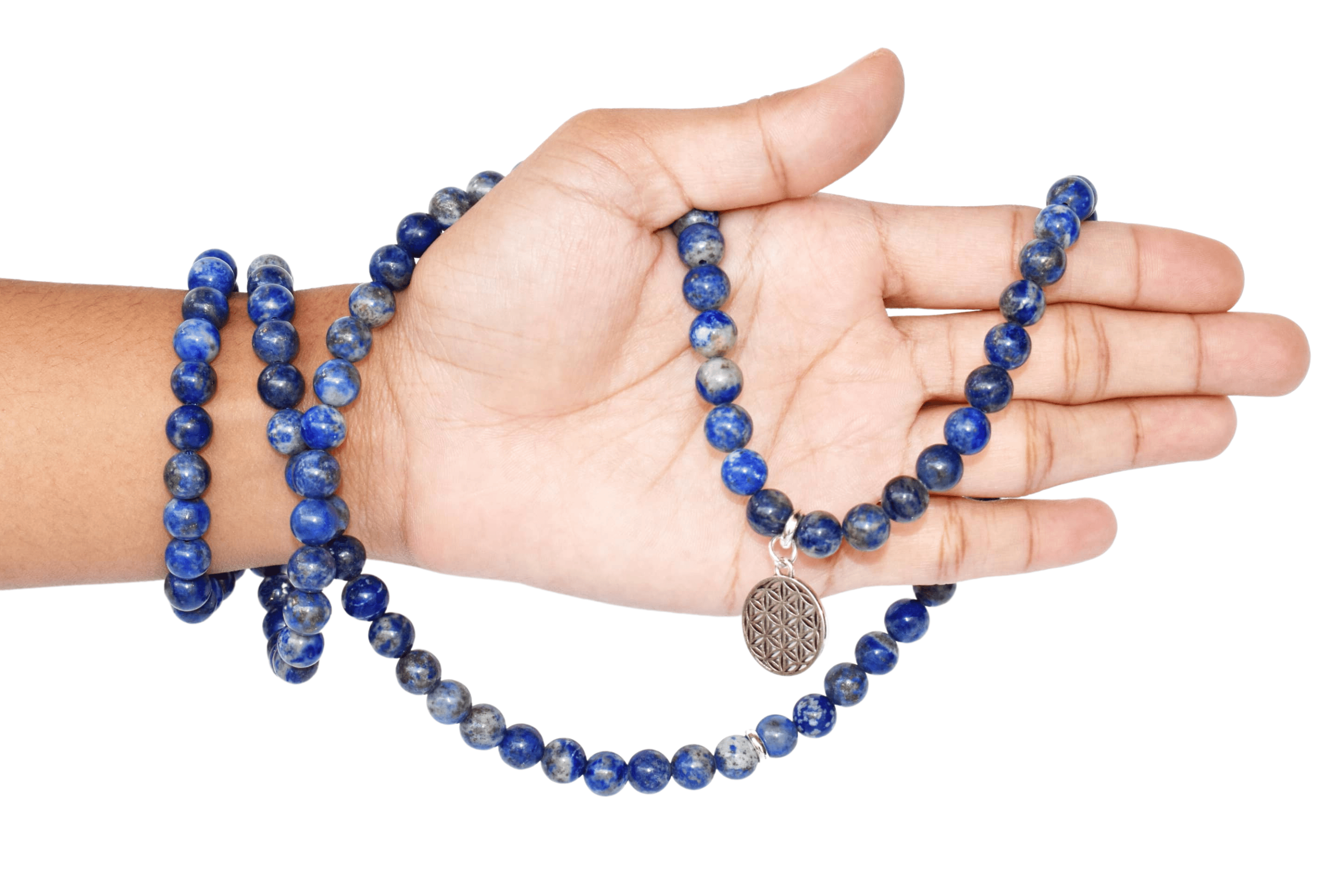 Lapis Lazuli Mala Necklace - 34 Inches , 8mm Beads With Flower Of Life Charm, Polished Blue Finish
