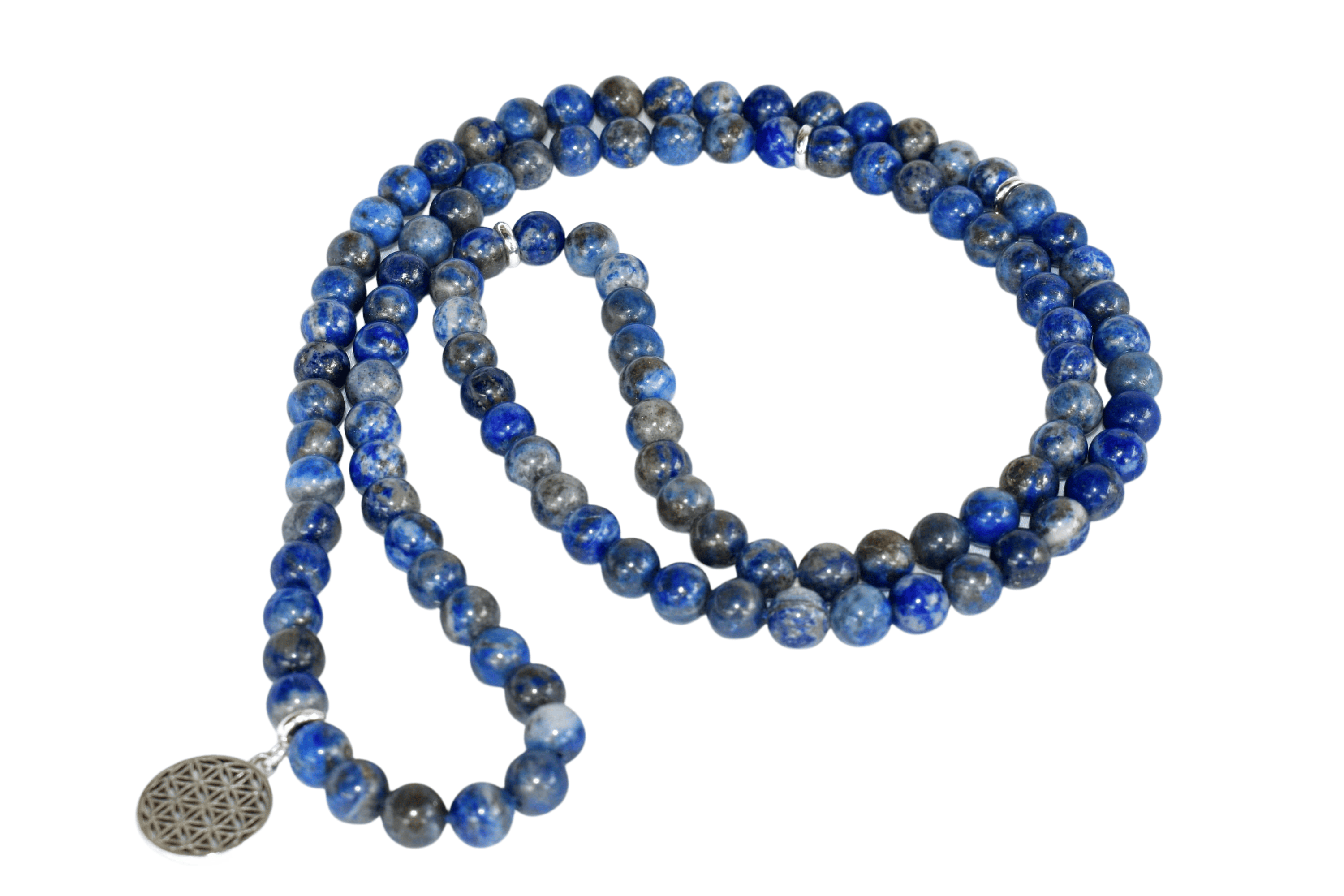 Lapis Lazuli Mala Necklace - 34 Inches , 8mm Beads With Flower Of Life Charm, Polished Blue Finish