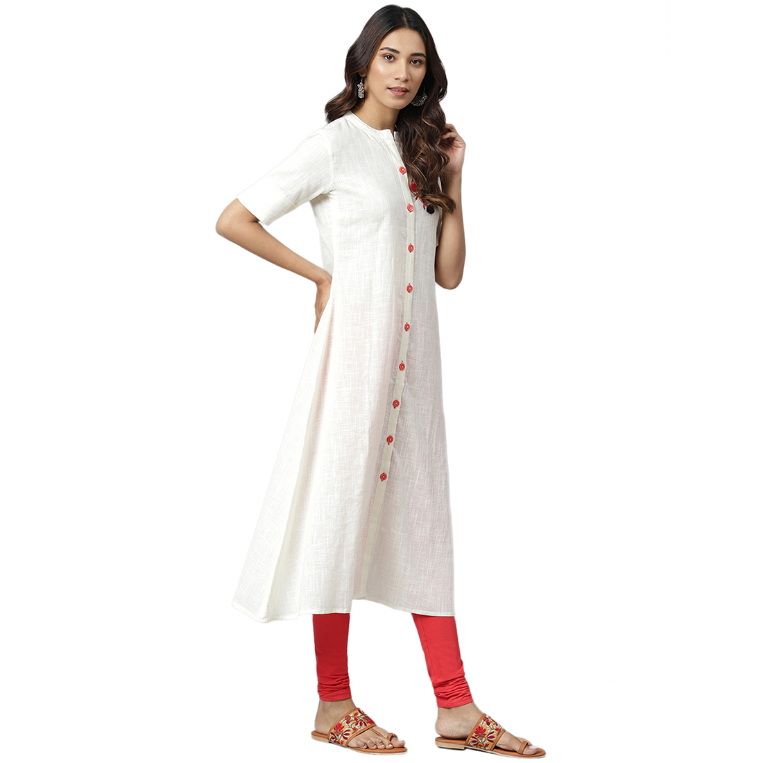 Ladies Anarkali Style Kurti - Cotton Fabric, Sizes S To Xxl, Cream Color, 3-4th Sleeve, Printed Pattern | Quick Dry, Washable, Water Proof Features