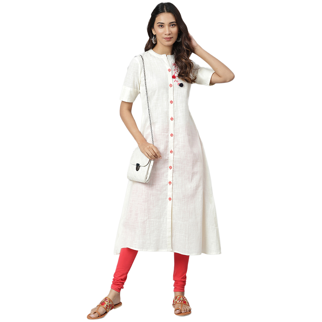 Ladies Anarkali Style Kurti - Cotton Fabric, Sizes S To Xxl, Cream Color, 3-4th Sleeve, Printed Pattern | Quick Dry, Washable, Water Proof Features