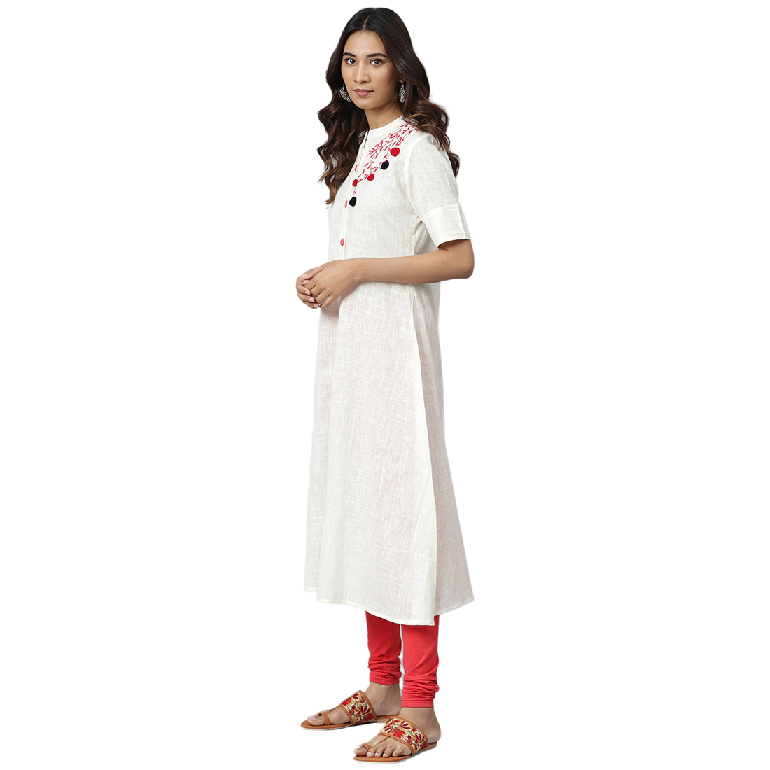 Ladies Anarkali Style Kurti - Cotton Fabric, Sizes S To Xxl, Cream Color, 3-4th Sleeve, Printed Pattern | Quick Dry, Washable, Water Proof Features