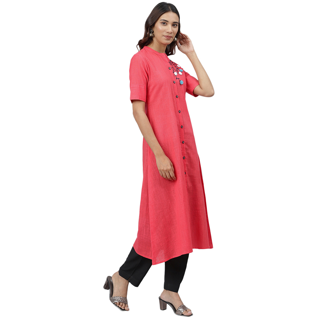 Anarkali Kurti - Cotton Fabric, Size S To Xxl, Pink Color | Embroidered, Quick Dry, Washable, 3-4th Sleeve, Trendy Design For Ladies