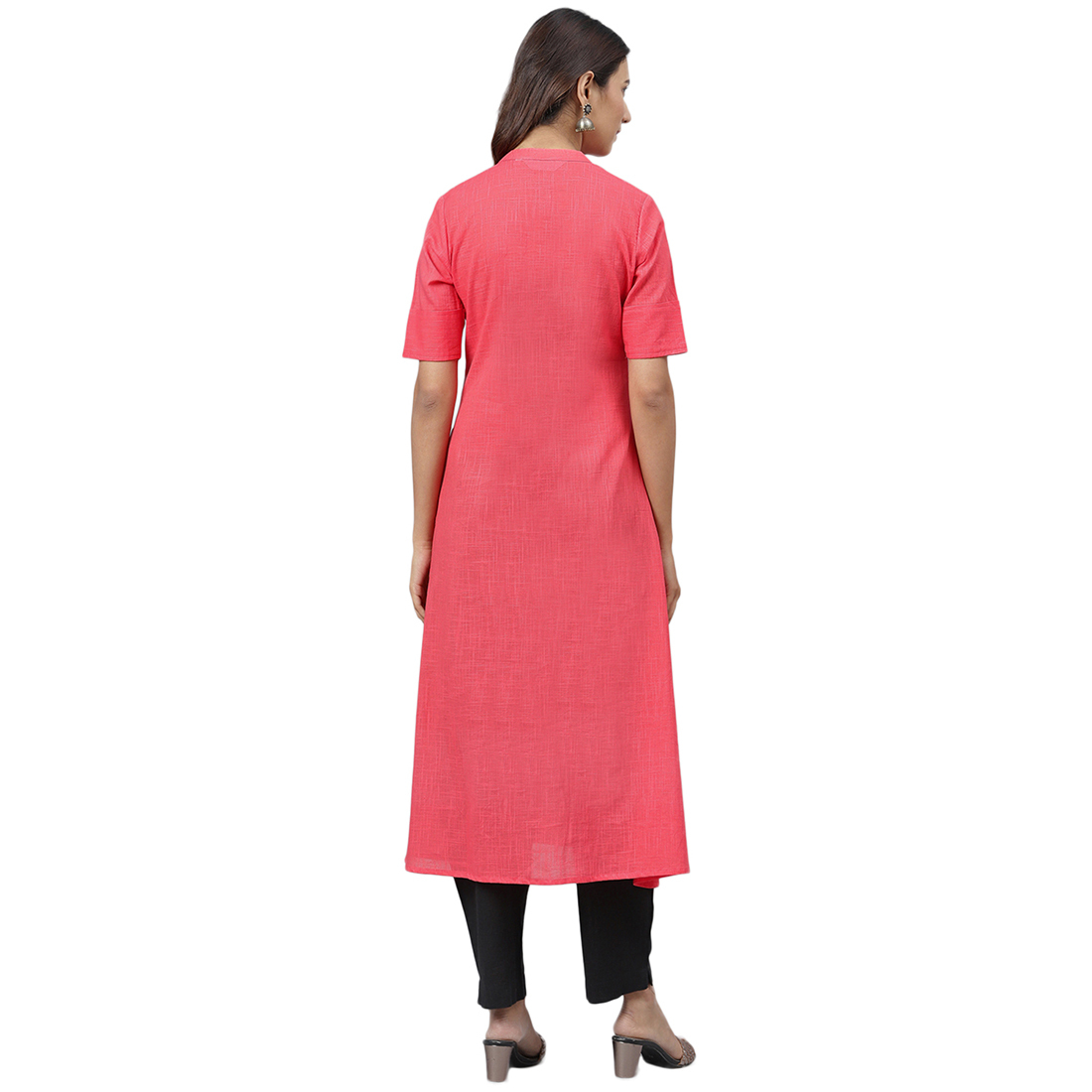 Anarkali Kurti - Cotton Fabric, Size S To Xxl, Pink Color | Embroidered, Quick Dry, Washable, 3-4th Sleeve, Trendy Design For Ladies