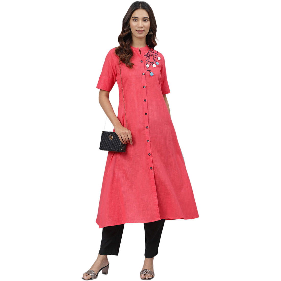 Anarkali Kurti - Cotton Fabric, Size S To Xxl, Pink Color | Embroidered, Quick Dry, Washable, 3-4th Sleeve, Trendy Design For Ladies