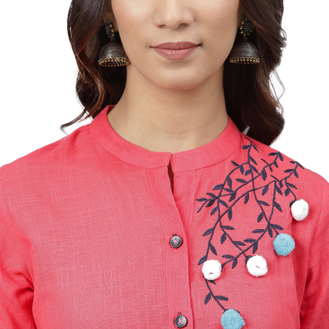 Anarkali Kurti - Cotton Fabric, Size S To Xxl, Pink Color | Embroidered, Quick Dry, Washable, 3-4th Sleeve, Trendy Design For Ladies