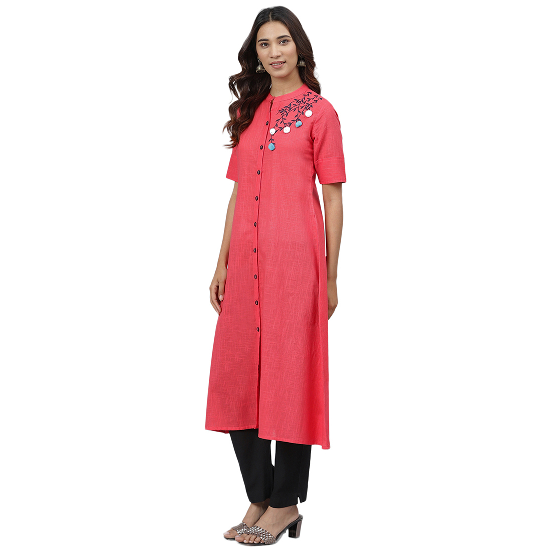 Anarkali Kurti - Cotton Fabric, Size S To Xxl, Pink Color | Embroidered, Quick Dry, Washable, 3-4th Sleeve, Trendy Design For Ladies