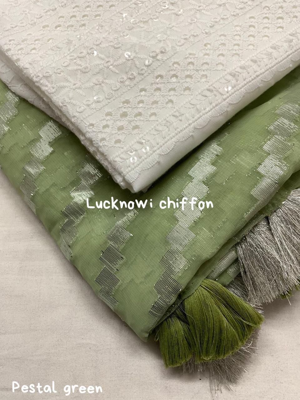 Aar Lucknowi Silver Chiffon Saree - 5.5 Meter Length, White Cotton Blouse | Soft Fabric, Floral Print, Perfect For Spring Party Wear