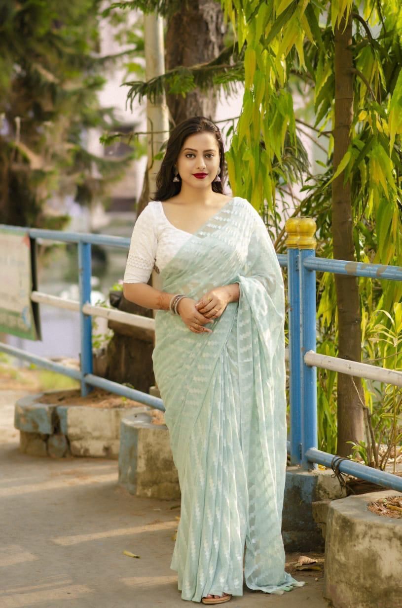 Aar Lucknowi Silver Chiffon Saree - 5.5 Meter Length, White Cotton Blouse | Soft Fabric, Floral Print, Perfect For Spring Party Wear