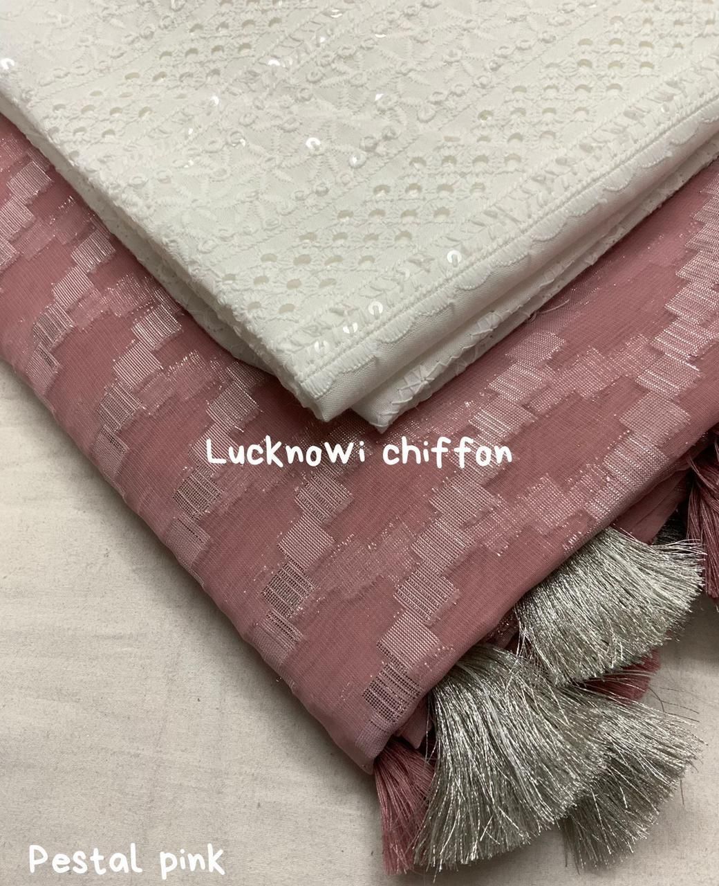 Aar Lucknowi Silver Chiffon Saree - 5.5 Meter Length, White Cotton Blouse | Soft Fabric, Floral Print, Perfect For Spring Party Wear