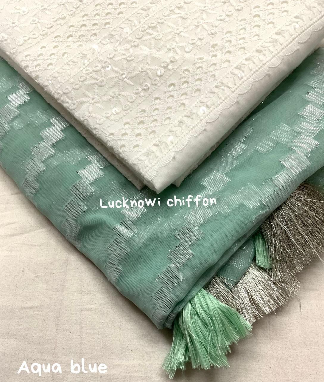 Aar Lucknowi Silver Chiffon Saree - 5.5 Meter Length, White Cotton Blouse | Soft Fabric, Floral Print, Perfect For Spring Party Wear