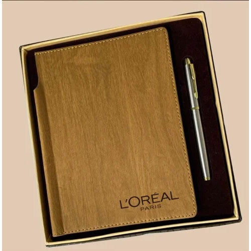 Promotional Notebook With Pen Set - Wooden Material, Customised Size, Mix Color, 165 Pages, Double Lined, Hard Bound Softcover