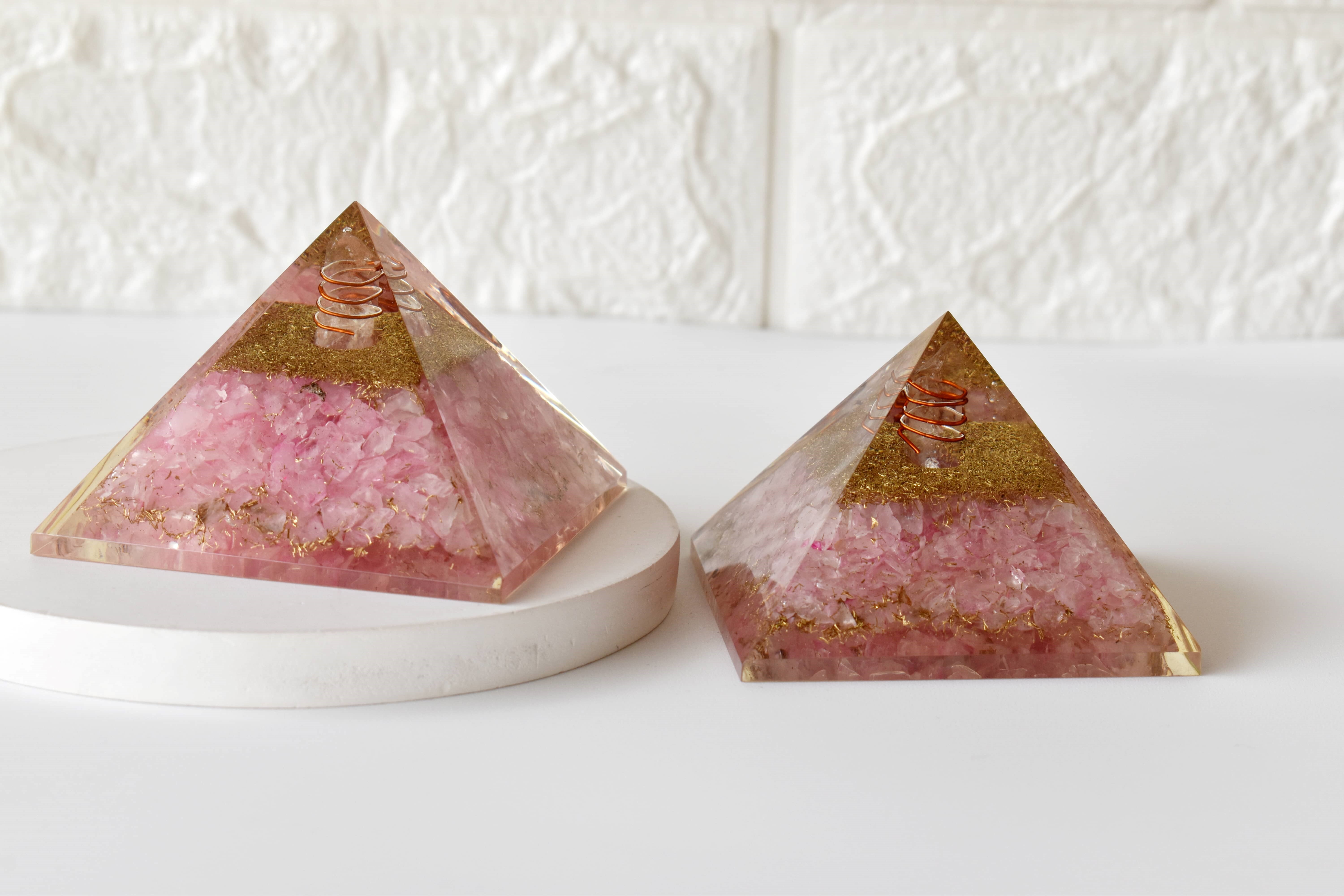 Rose Quartz Orgone Pyramid, Clear Quartz Crystal Pencil - Size: 2-3 Inches | Handmade With Care, Polished Pink Finish, Religious Style