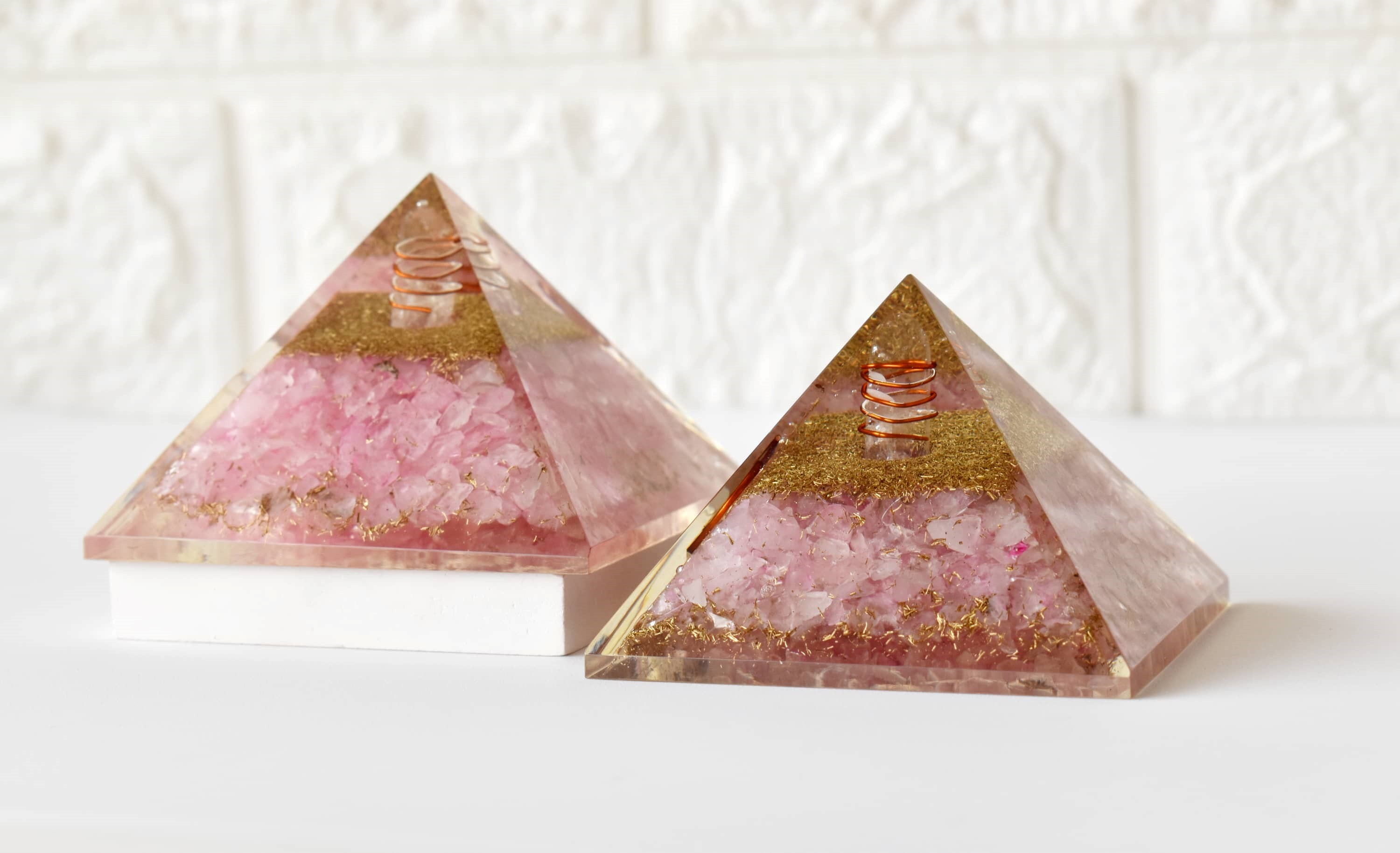 Rose Quartz Orgone Pyramid, Clear Quartz Crystal Pencil - Size: 2-3 Inches | Handmade With Care, Polished Pink Finish, Religious Style
