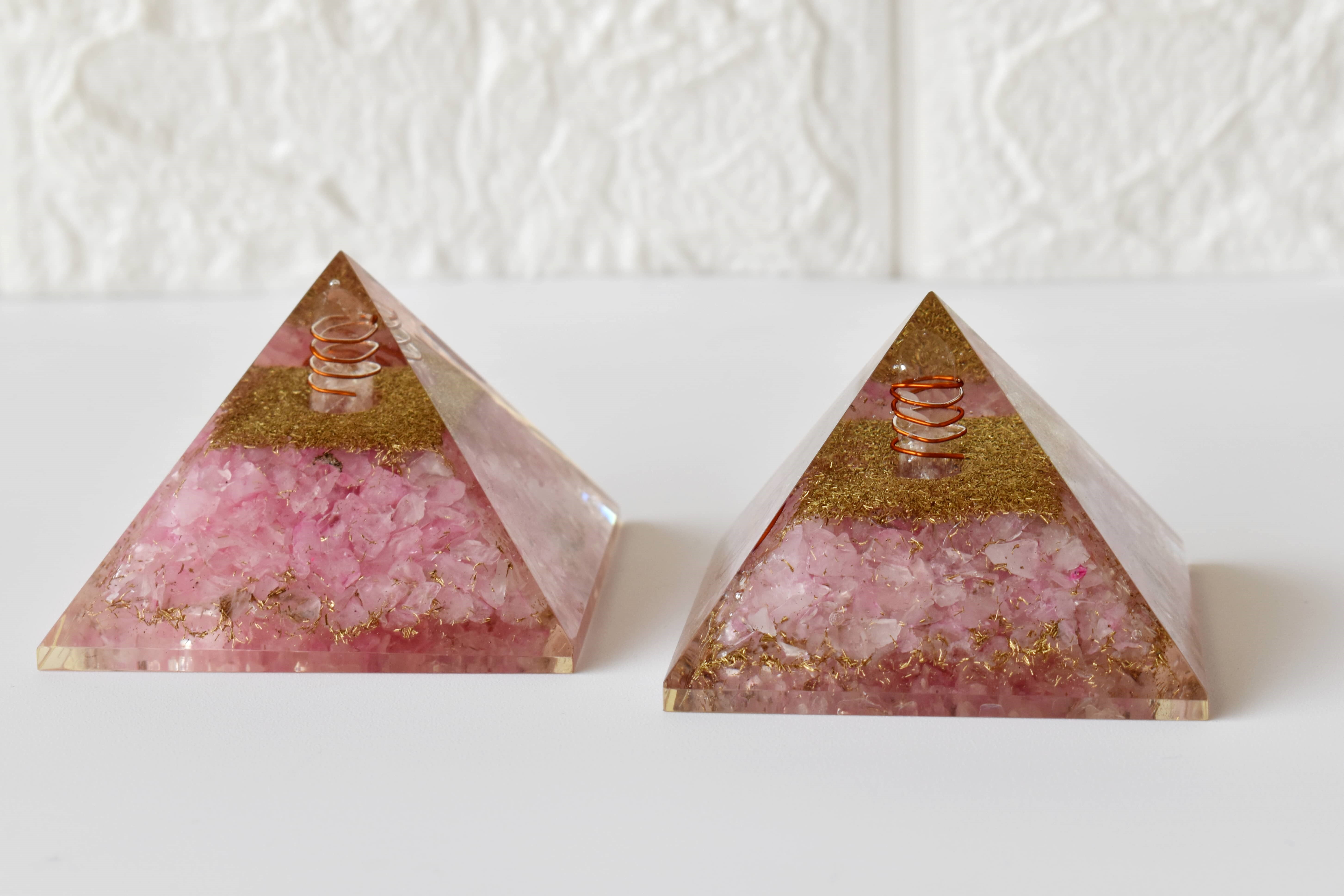 Rose Quartz Orgone Pyramid, Clear Quartz Crystal Pencil - Size: 2-3 Inches | Handmade With Care, Polished Pink Finish, Religious Style