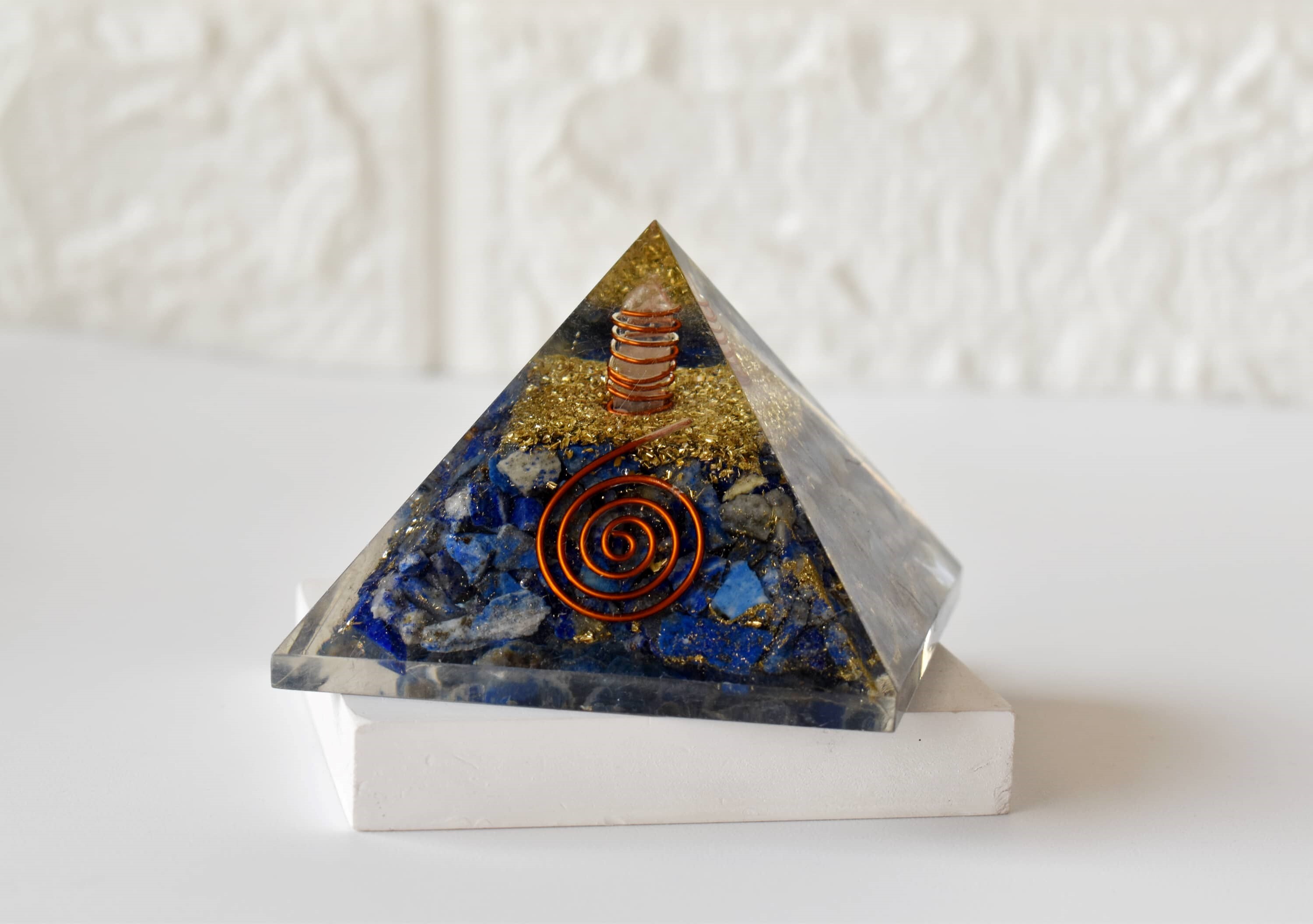 Lapis Lazuli Orgone Pyramid - 2-3 Inches, Blue Stone With Clear Quartz Crystal | Handmade, Moisture Proof, Includes Orgone Energy Benefits Booklet