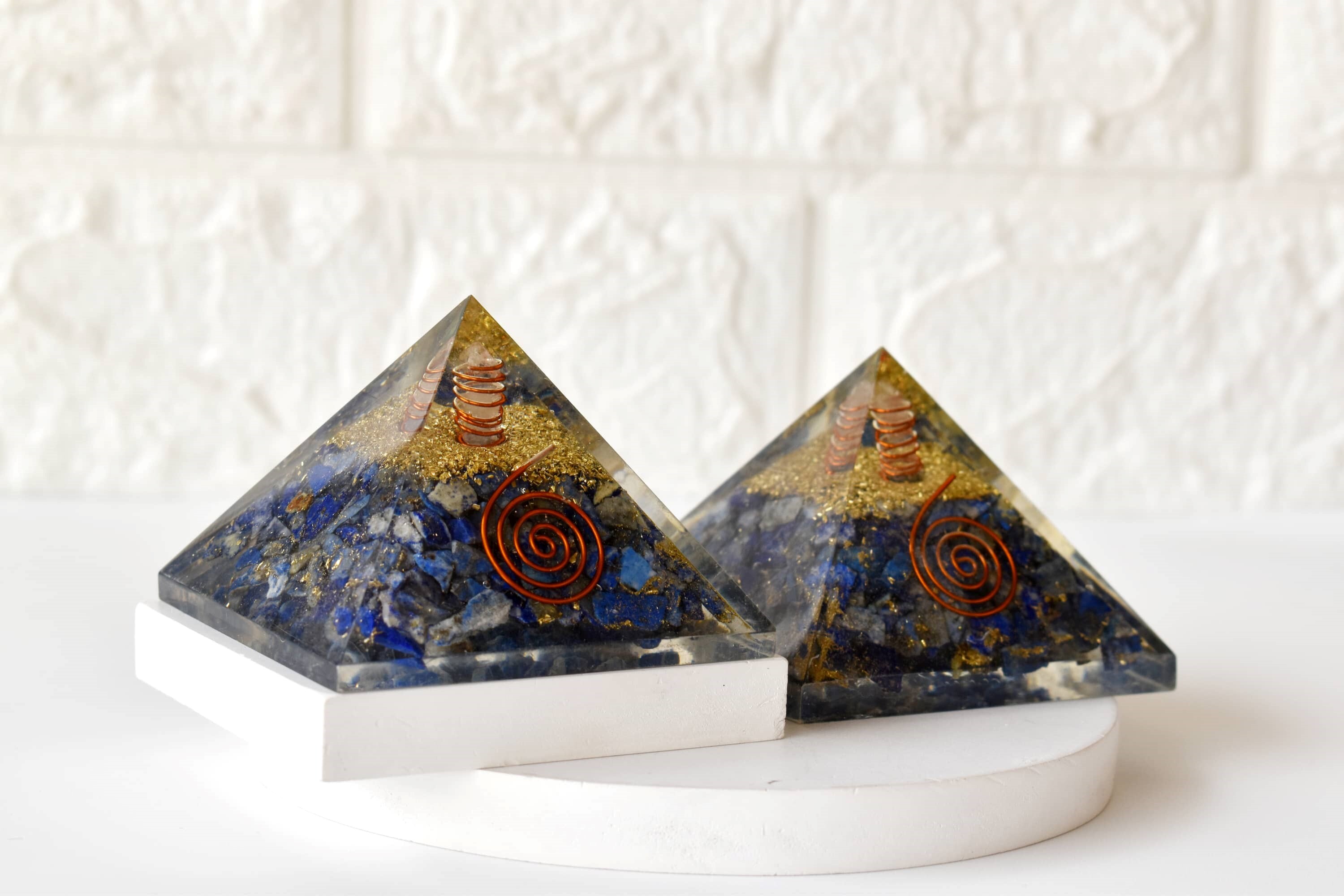 Lapis Lazuli Orgone Pyramid - 2-3 Inches, Blue Stone With Clear Quartz Crystal | Handmade, Moisture Proof, Includes Orgone Energy Benefits Booklet