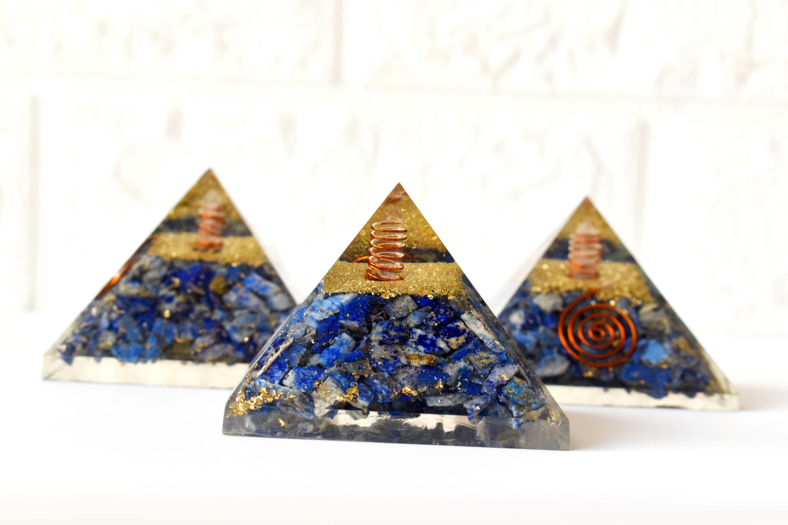 Lapis Lazuli Orgone Pyramid - 2-3 Inches, Blue Stone With Clear Quartz Crystal | Handmade, Moisture Proof, Includes Orgone Energy Benefits Booklet