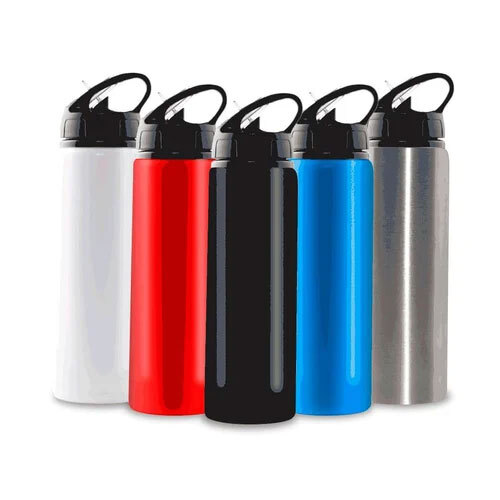 Aluminium Metal Sport Water Bottle With Silicon Carry Strap - 600ml Capacity , Black Color, Round Shape, 1-year Warranty