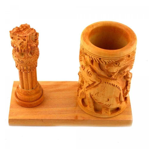 Wooden Ashok Stambh Ashok Pillers Ashok Stambh Pen Stand - Brown Wooden Material | Functional Table Clock For Corporate Promotional Gift