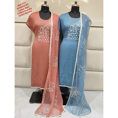 Fancy Cotton Suit - Customized Size, Elegant Printed Pattern, Washable, Various Color Options with Chiffon Dupatta