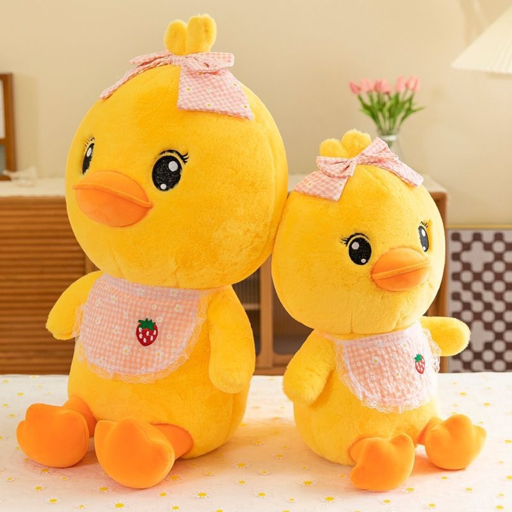 Premium Duck Soft Toy - Soft Fur Fabric, 50cm Size, Yellow Color | Flexible Design With Fruit Apron
